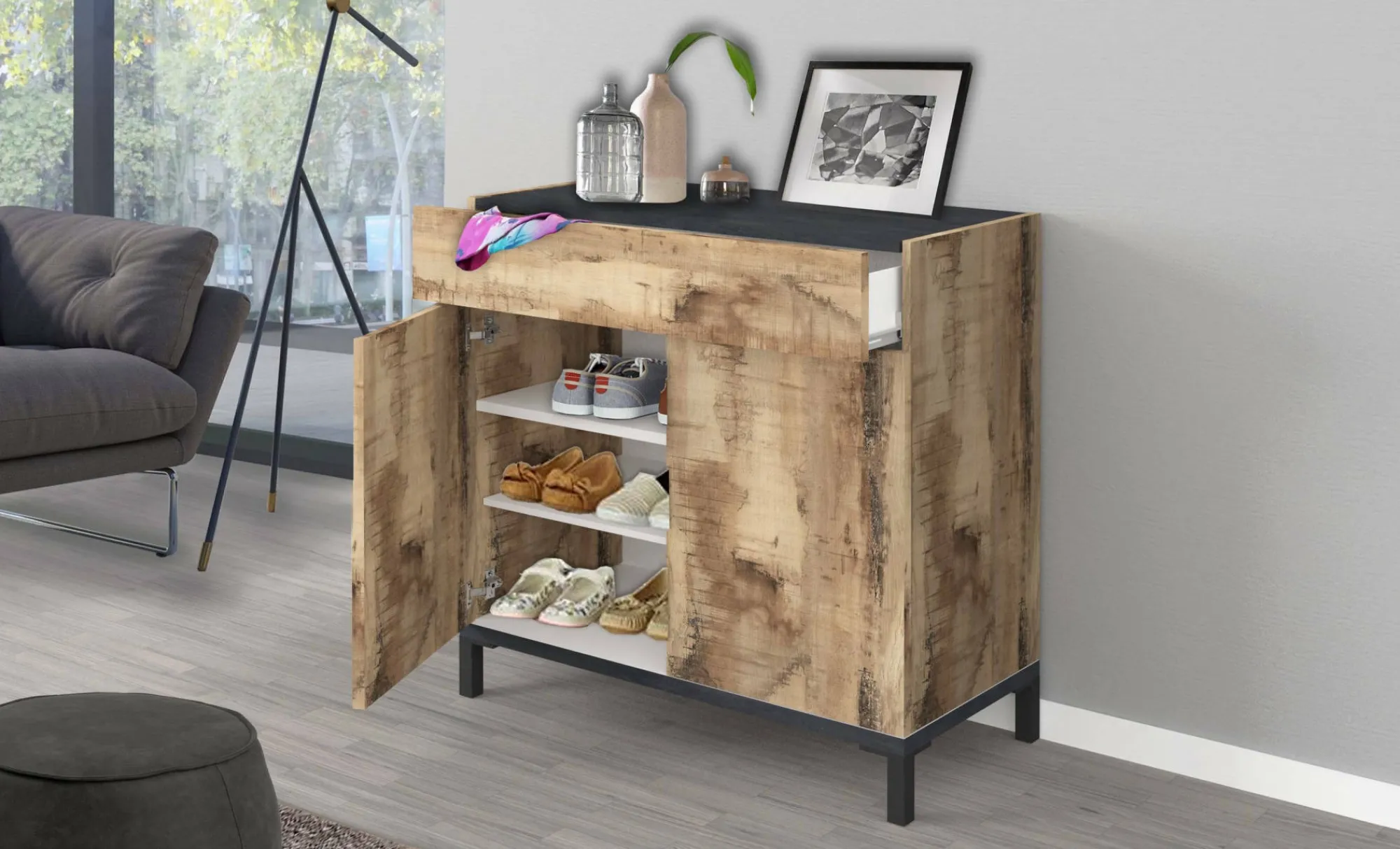 Scarpiera Dmirra, cm 80x40h80, Ardesia e Acero<Dmora Discount
