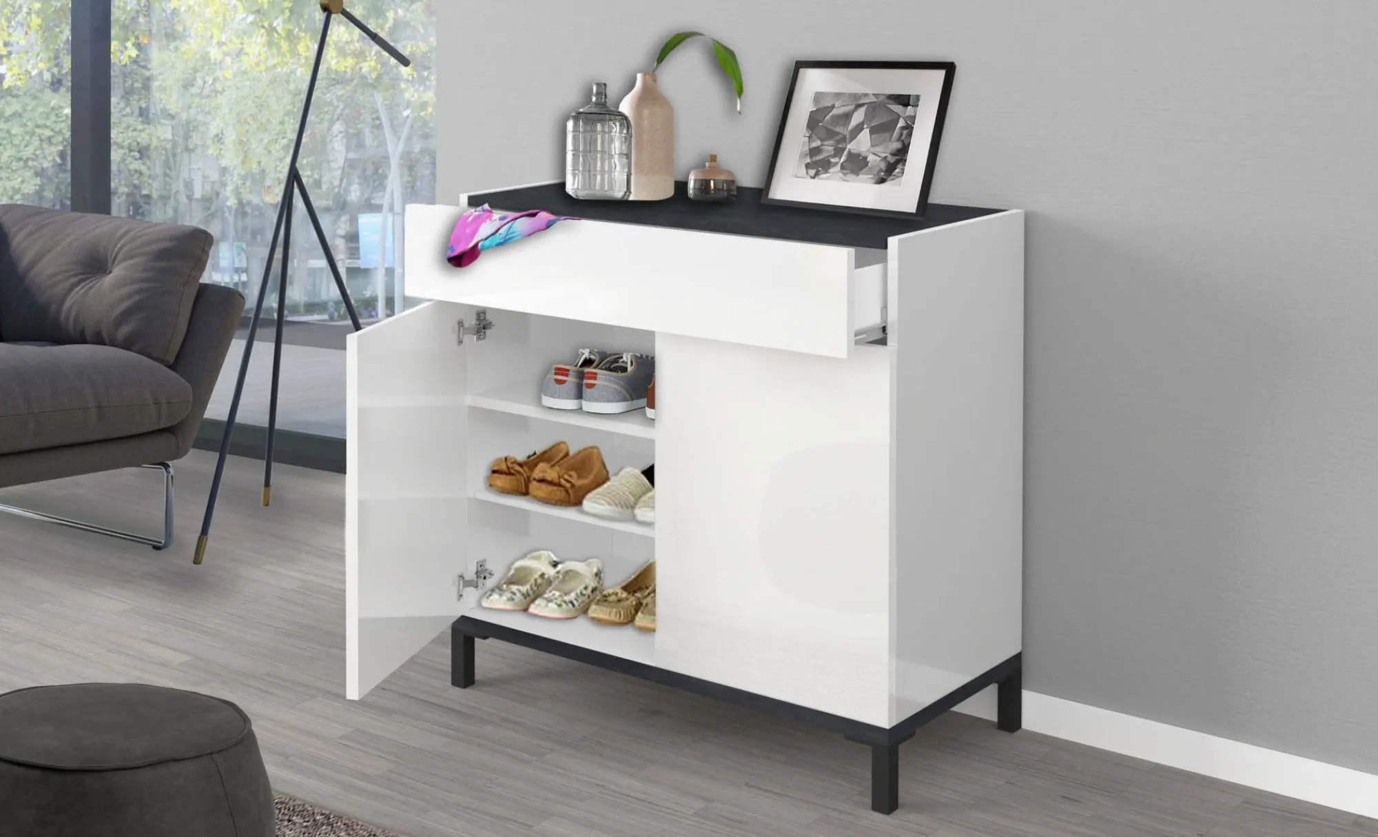 Scarpiera Dmirra, cm 80x40h80, Bianco lucido e Ardesia<Dmora Best