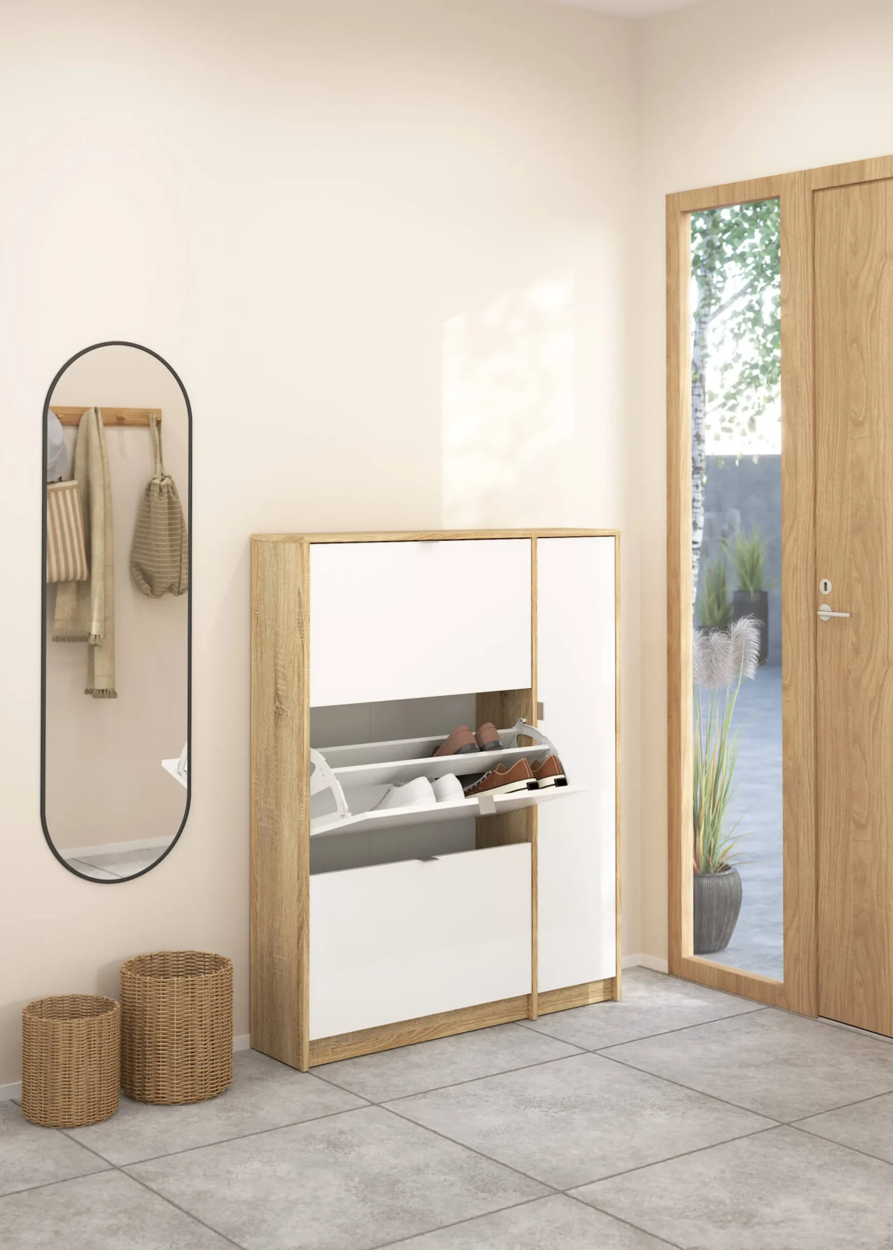 Scarpiera Marthe, Mobile portascarpe, Armadio da ingresso multiuso, Mobiletto per calzature, 99x24 h124 cm, Quercia e Bianco<Dmora Hot