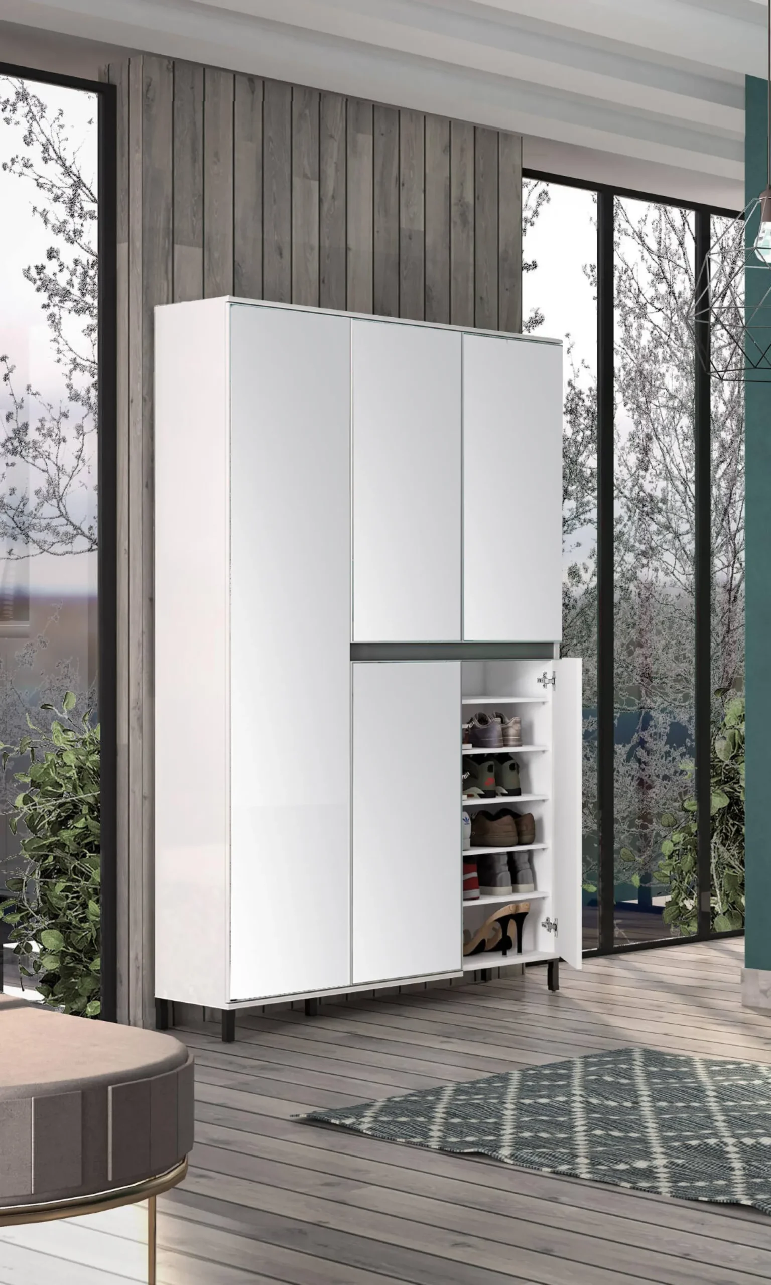 Scarpiera Sultano, 120x34h200 cm, Bianco lucido e Antracite<Dmora Clearance