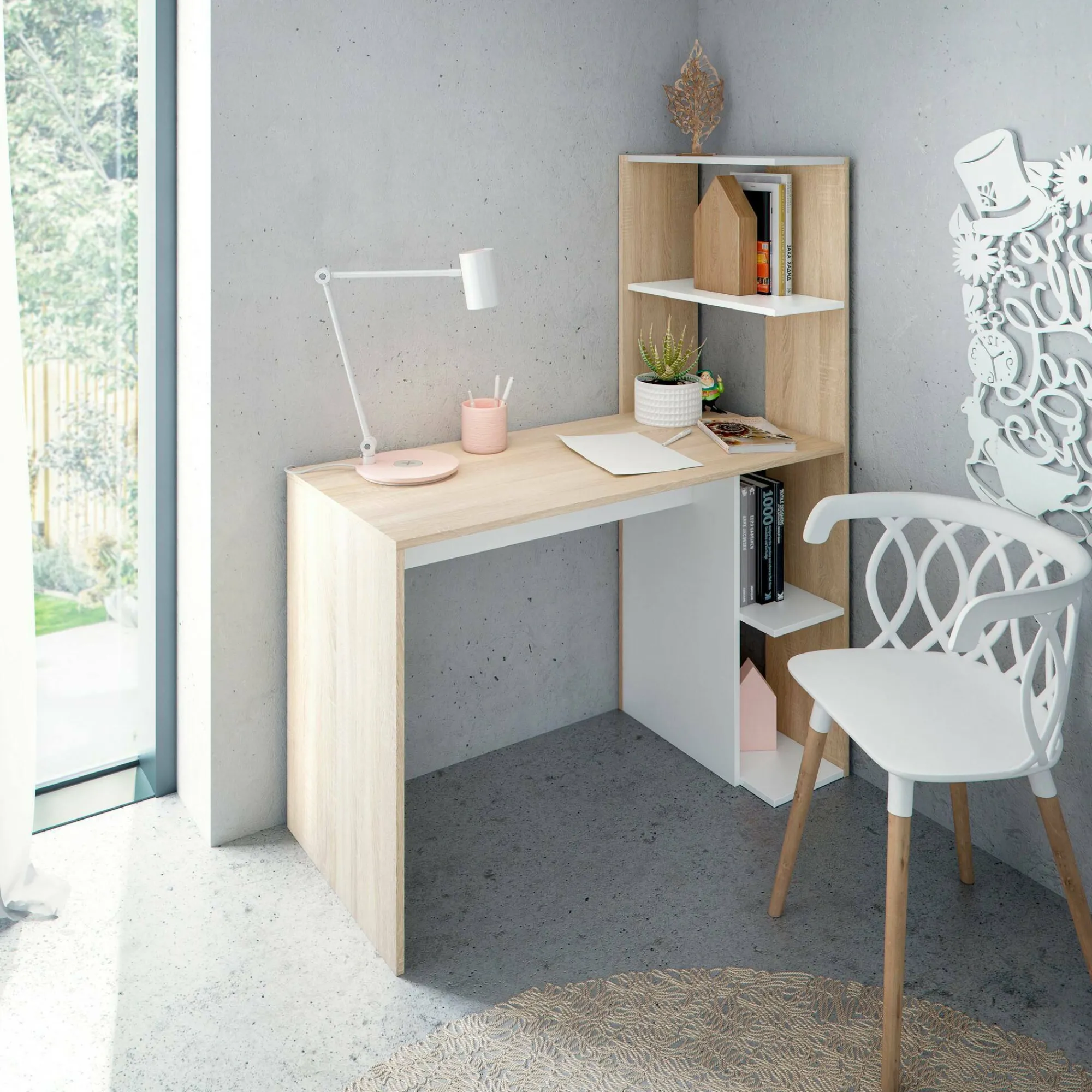 Scrivania Abba, 110x52h136 cm, Bianco e Rovere<Dmora Store