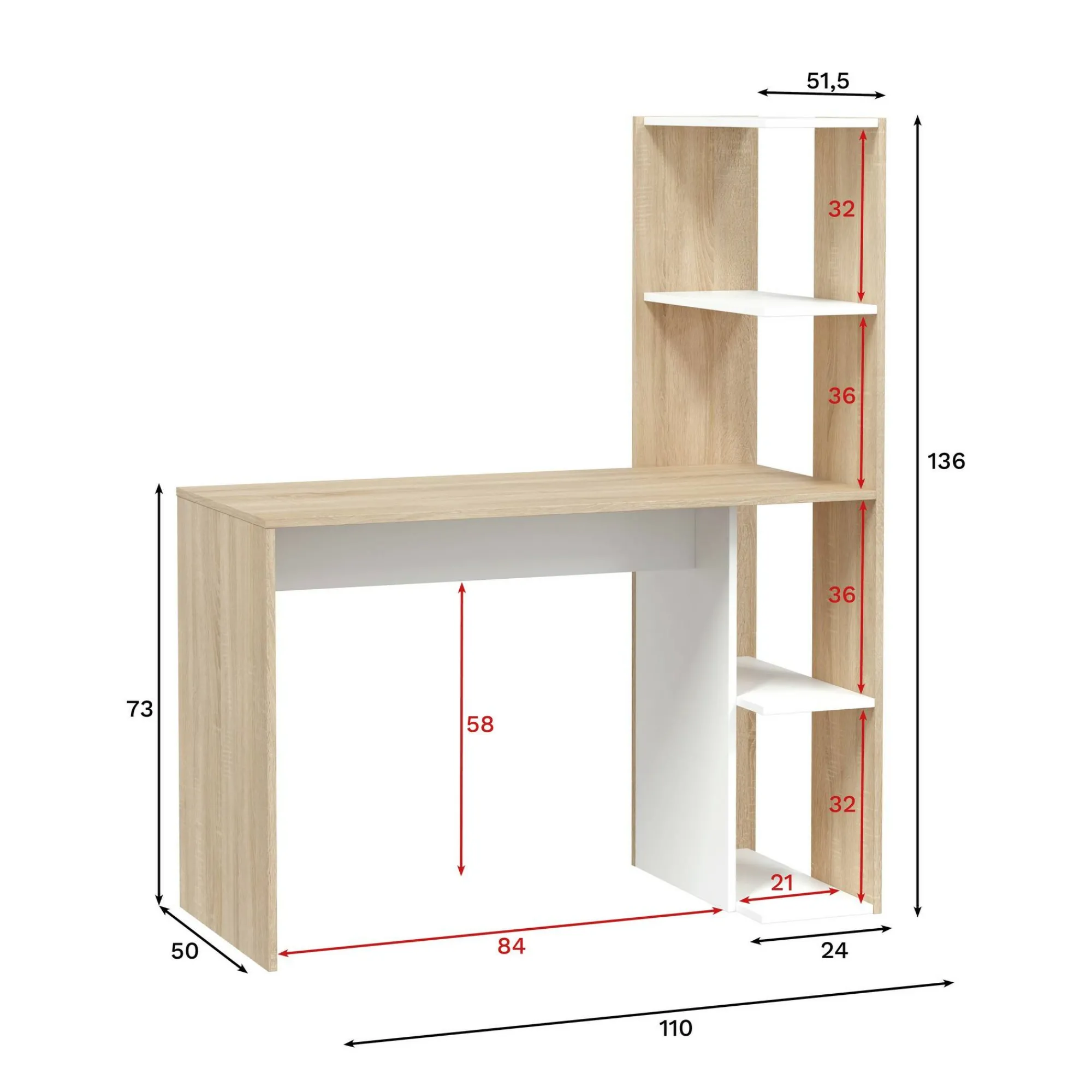 Scrivania Abba, 110x52h136 cm, Bianco e Rovere<Dmora Store
