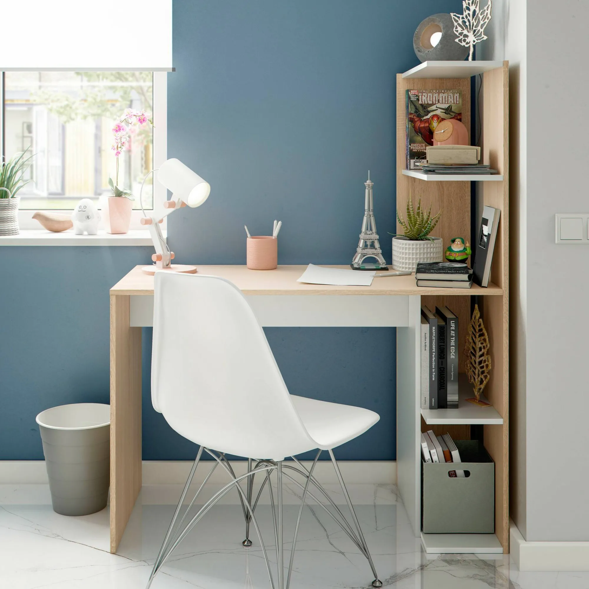 Scrivania Abba, 110x52h136 cm, Bianco e Rovere<Dmora Store