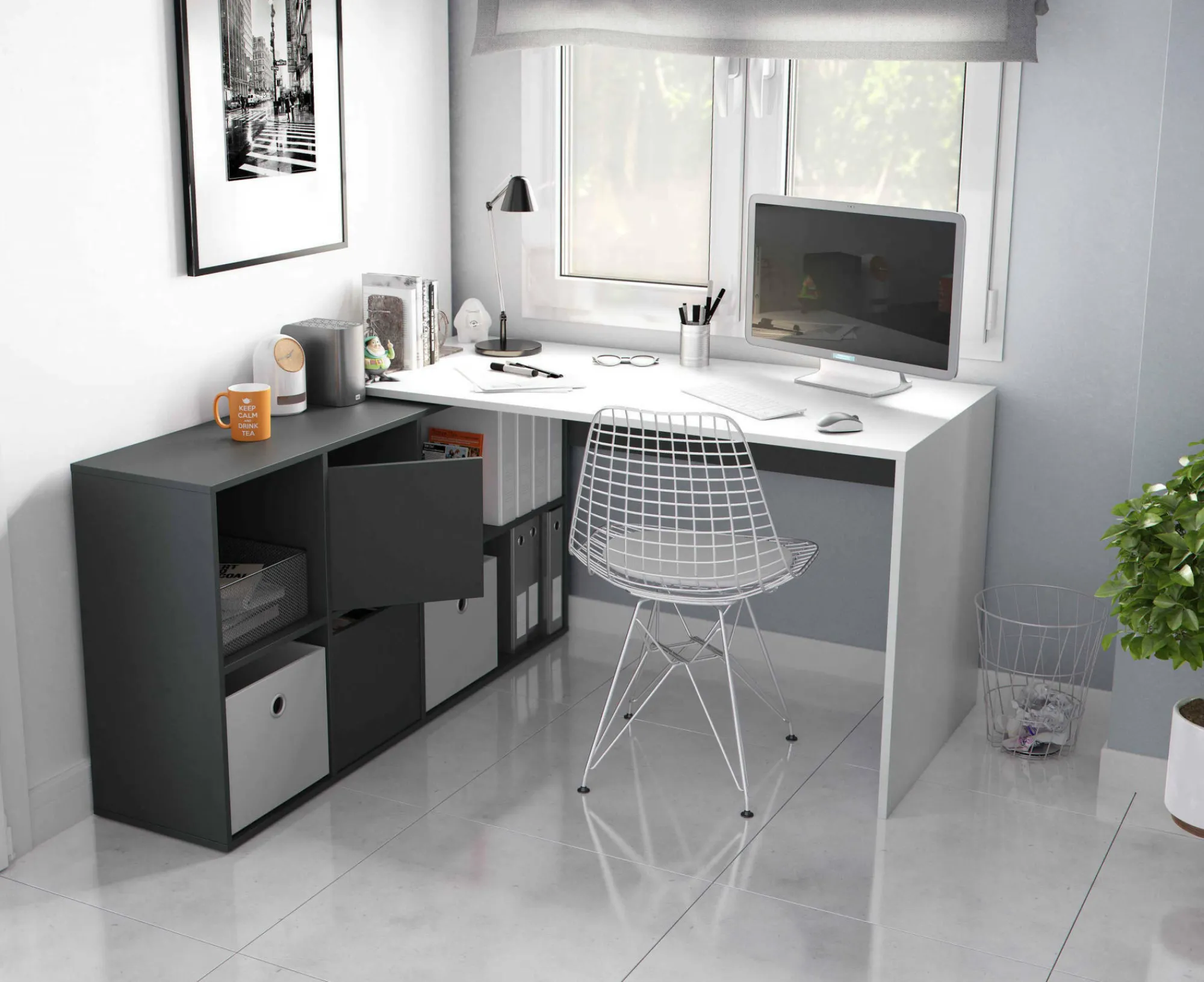 Scrivania Abby, 136x139h74 cm, Bianco e Antracite<Dmora Online