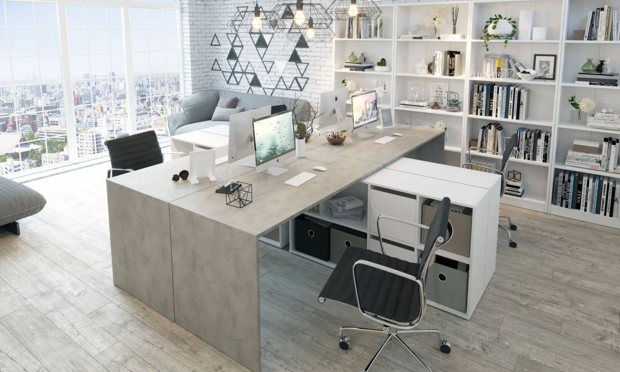 Scrivania Abby, 136x139h74 cm, Bianco e Cemento<Dmora Hot