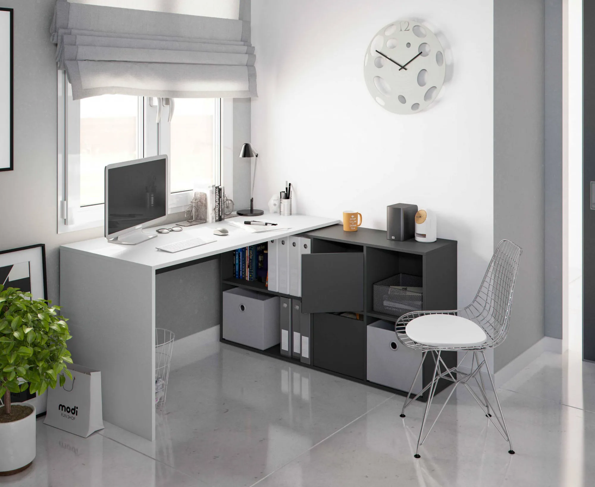 Scrivania Abby, 136x139h74 cm, Bianco e Antracite<Dmora Online