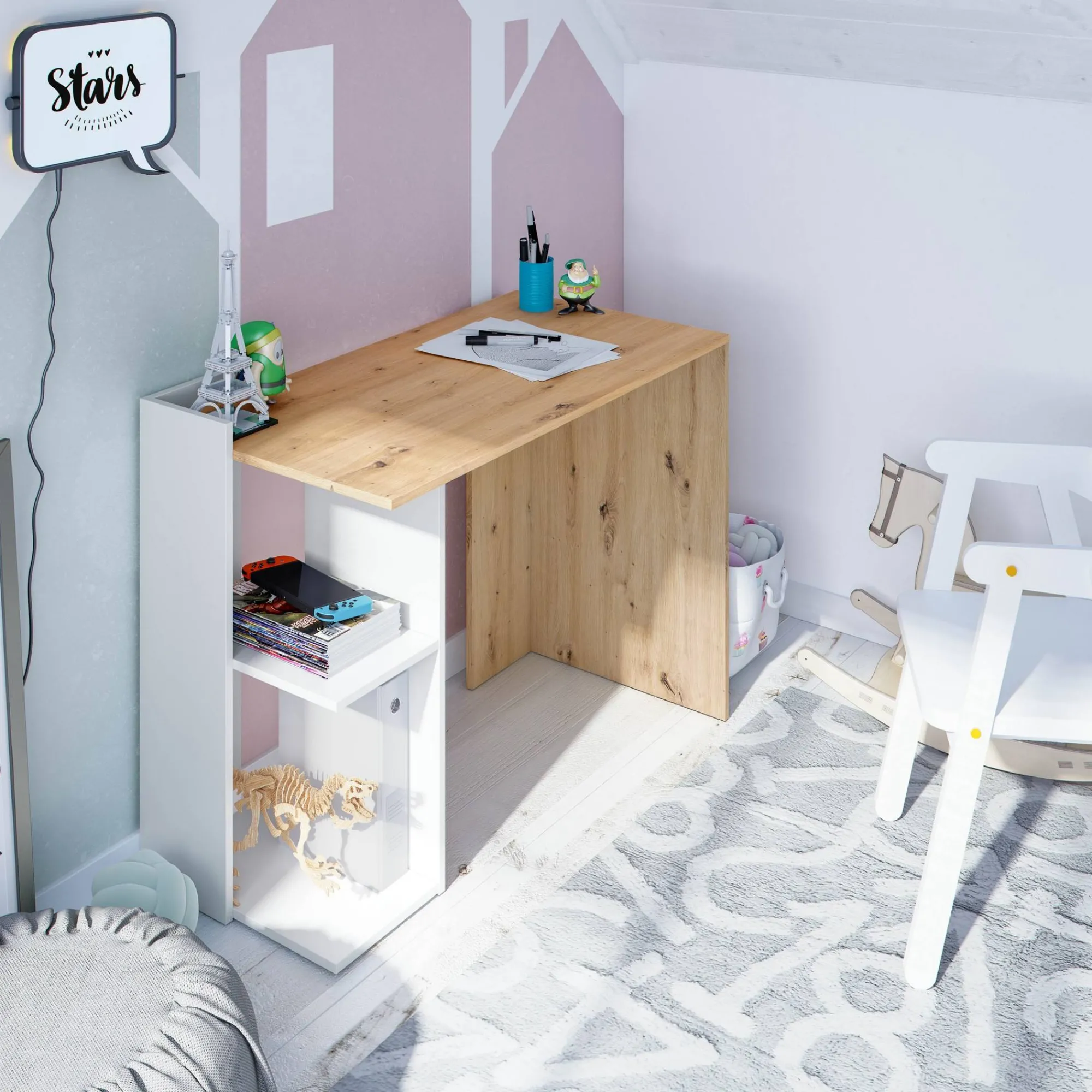 Scrivania Ablibla, 100x52h78 cm, Bianco e Rovere nodi<Dmora Cheap