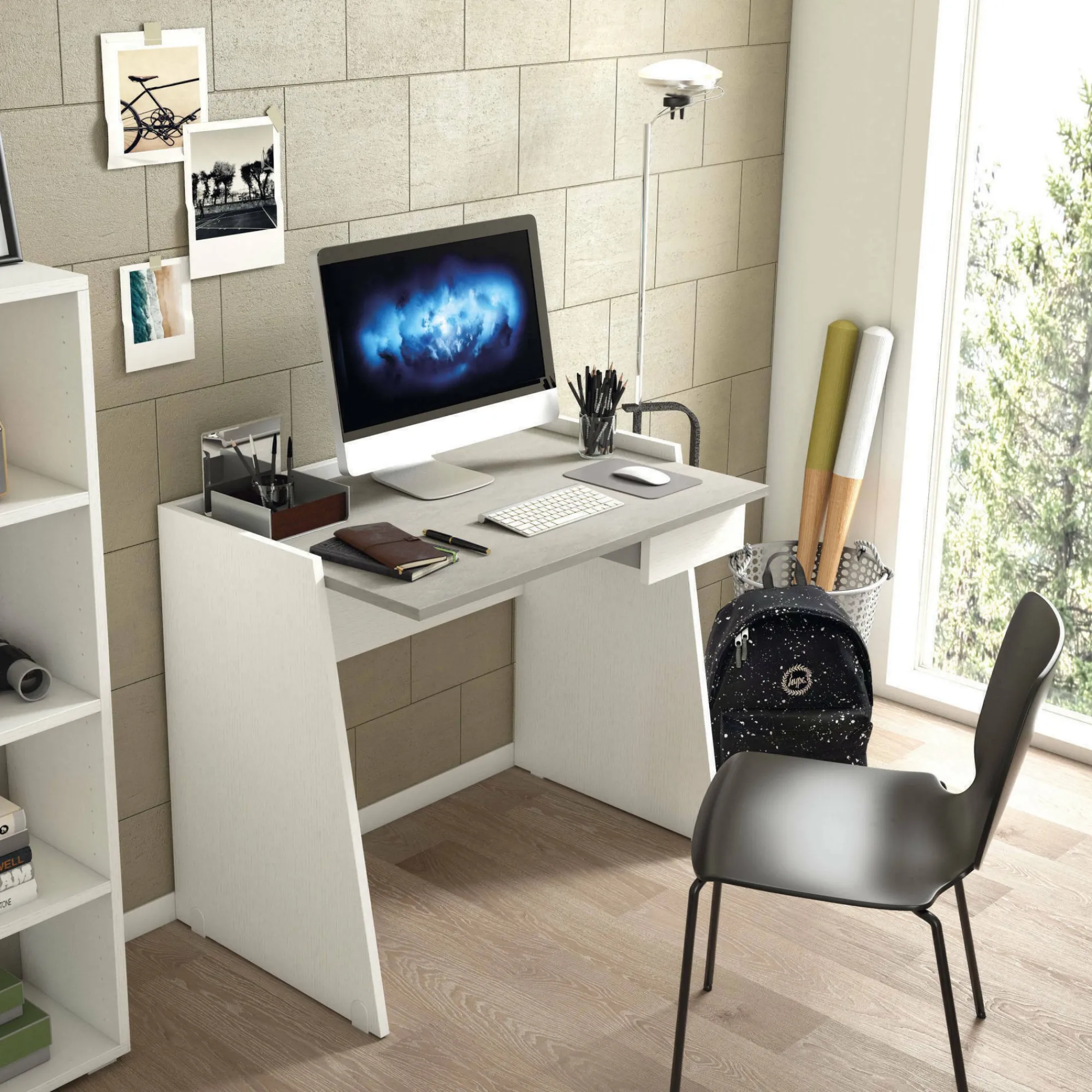 Scrivania Abulele, 90x60h80 cm, Bianco e Cemento<Dmora Online