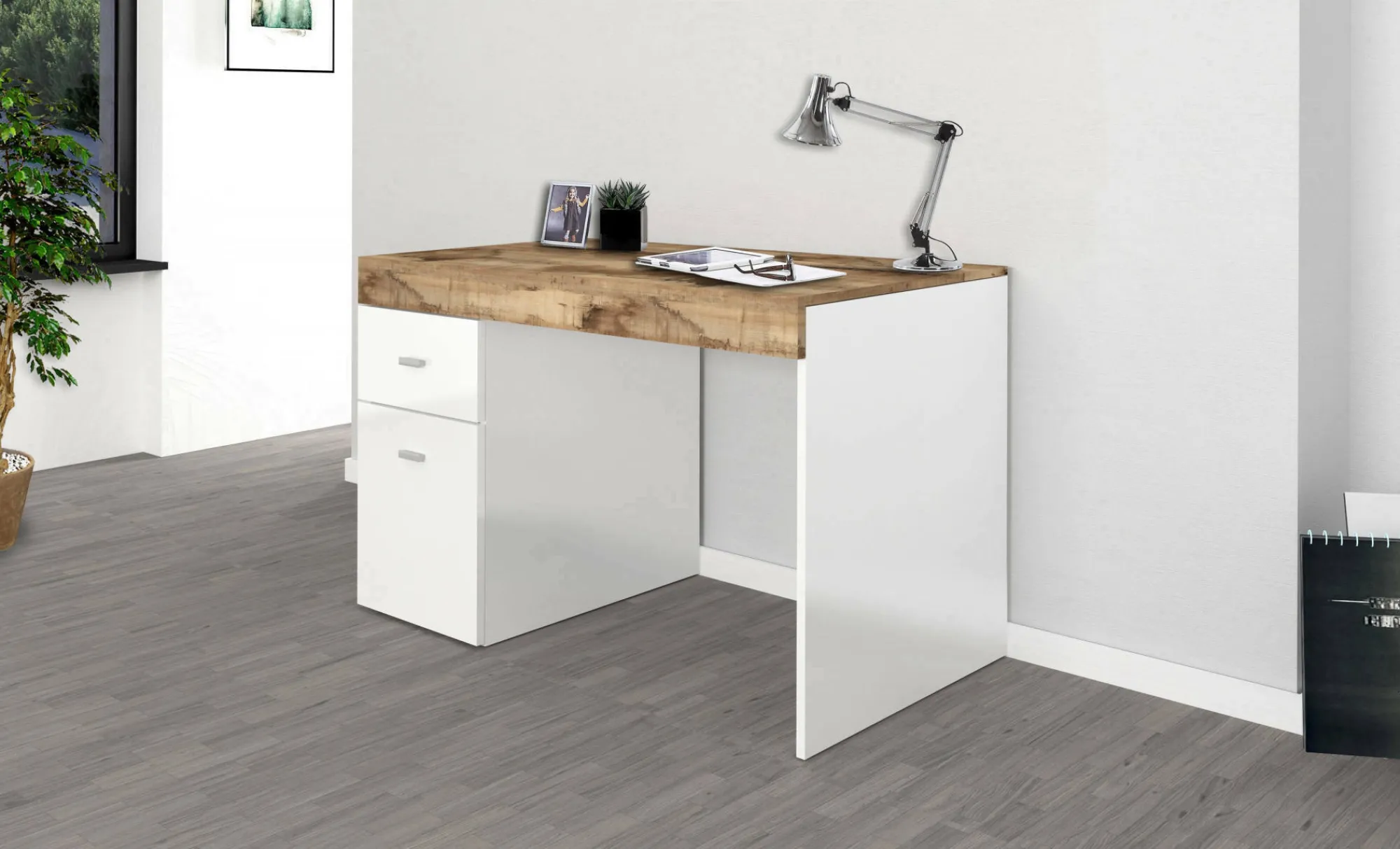 Scrivania Alpaca, cm 100x60h75, Bianco lucido e Acero<Dmora Hot