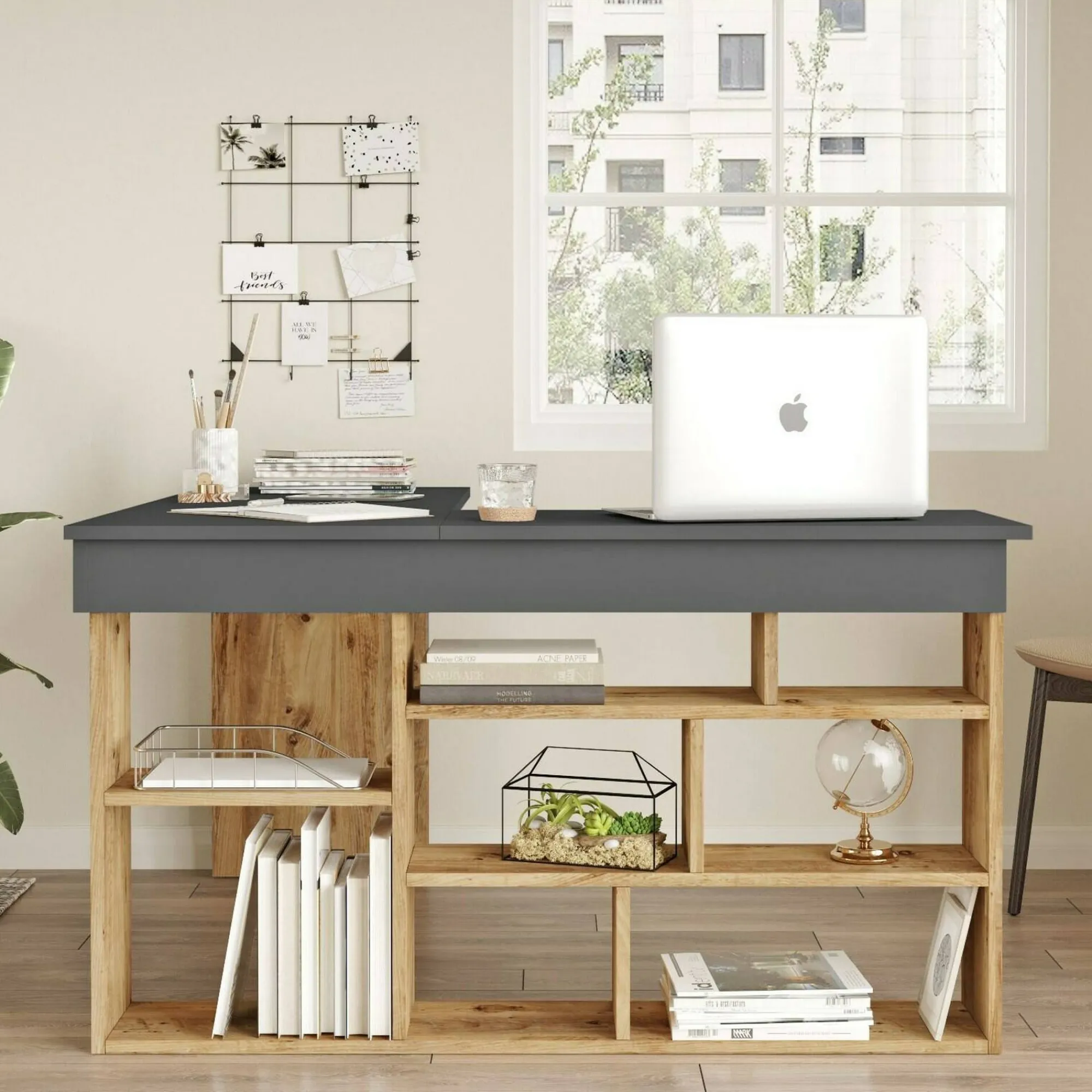 Scrivania Altin, 129x120h72 cm, Quercia e Nero<Dmora Discount