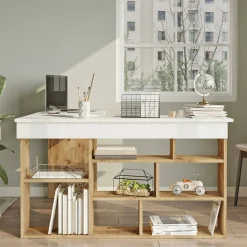 Scrivania Altin, 129x120h72 cm, Quercia e Bianco<Dmora Outlet