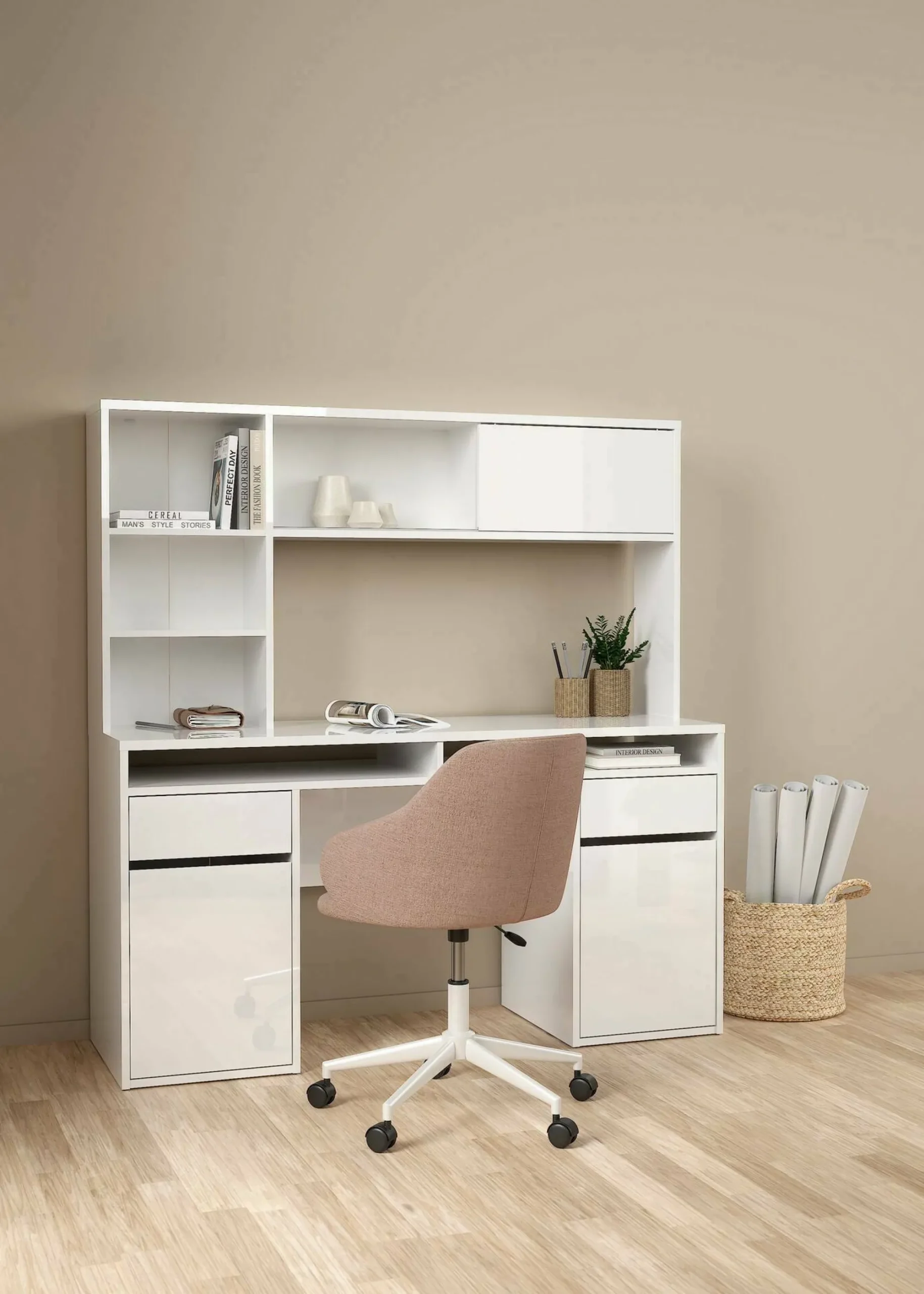 Scrivania Ambrenti, 48x149 h156 cm, Bianco<Dmora Outlet