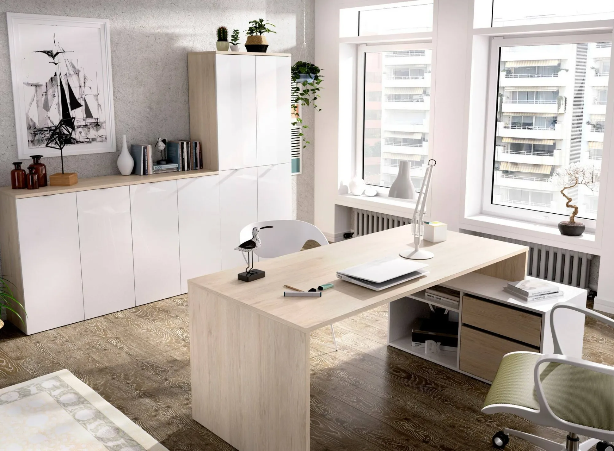 Scrivania Andor, 139x92h75 cm, Bianco e Rovere<Dmora Store