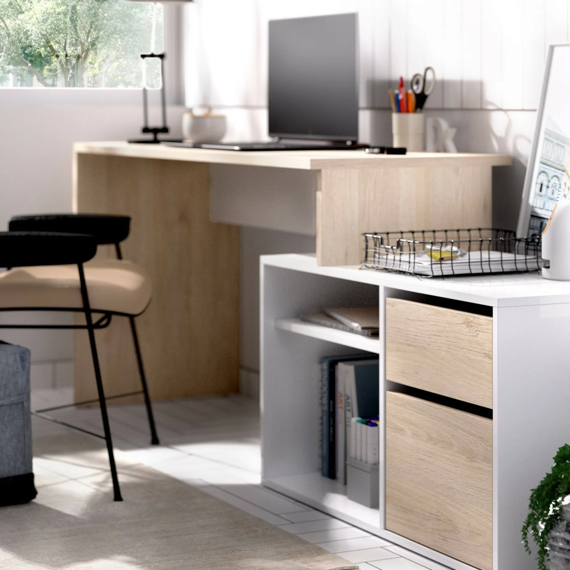 Scrivania Andor, 139x92h75 cm, Bianco e Rovere<Dmora Store