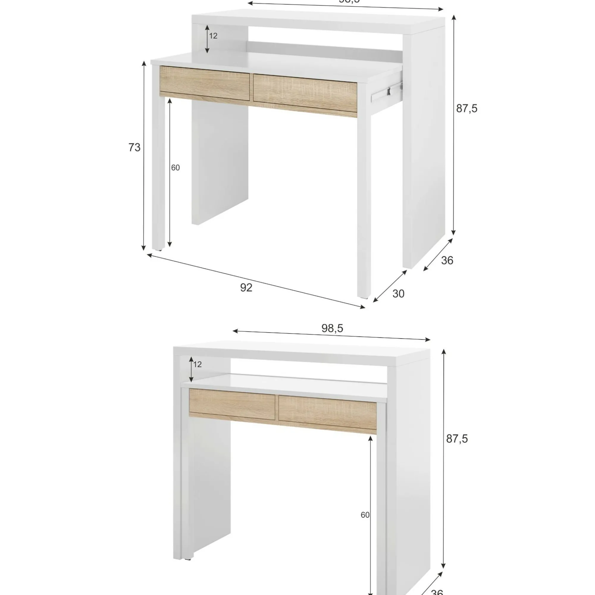 Scrivania Andriy, 99x36h88 cm, Bianco e Rovere<Dmora Discount