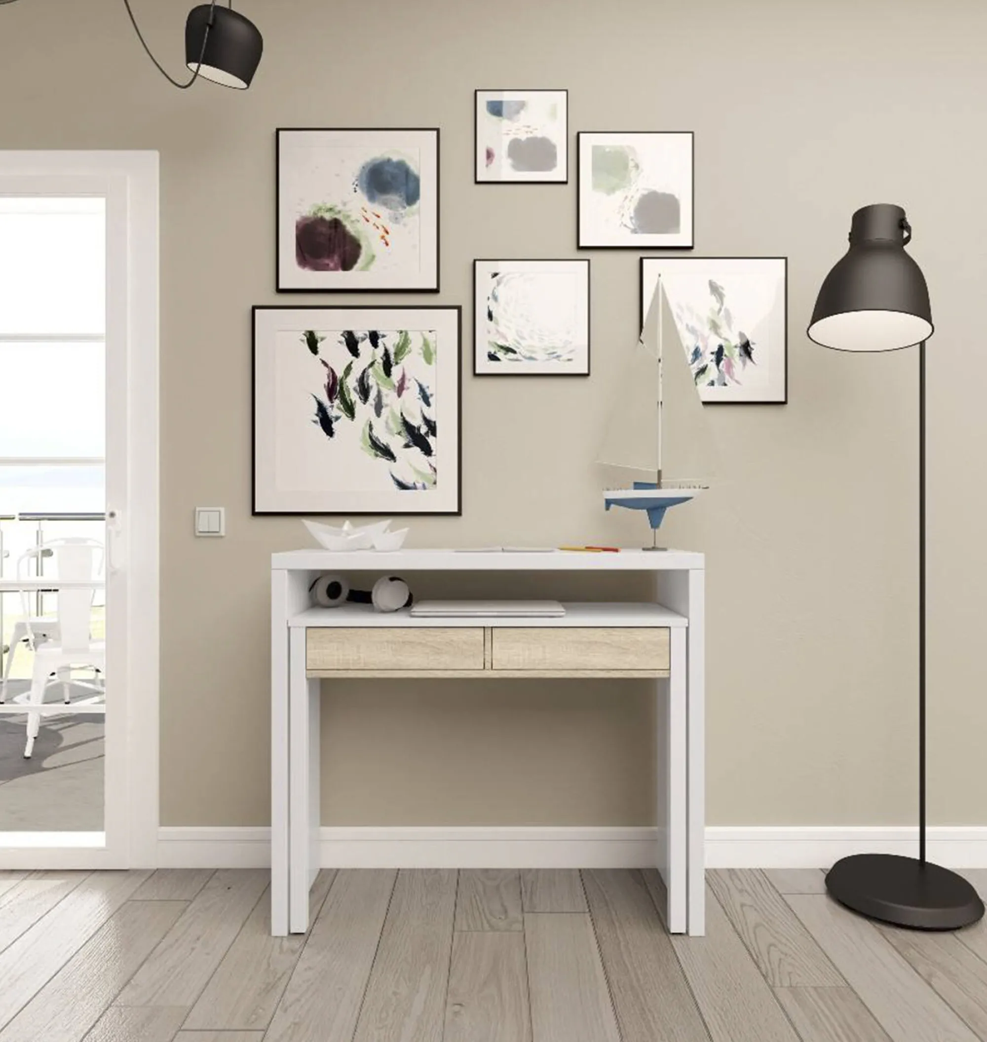 Scrivania Andriy, 99x36h88 cm, Bianco e Rovere<Dmora Discount