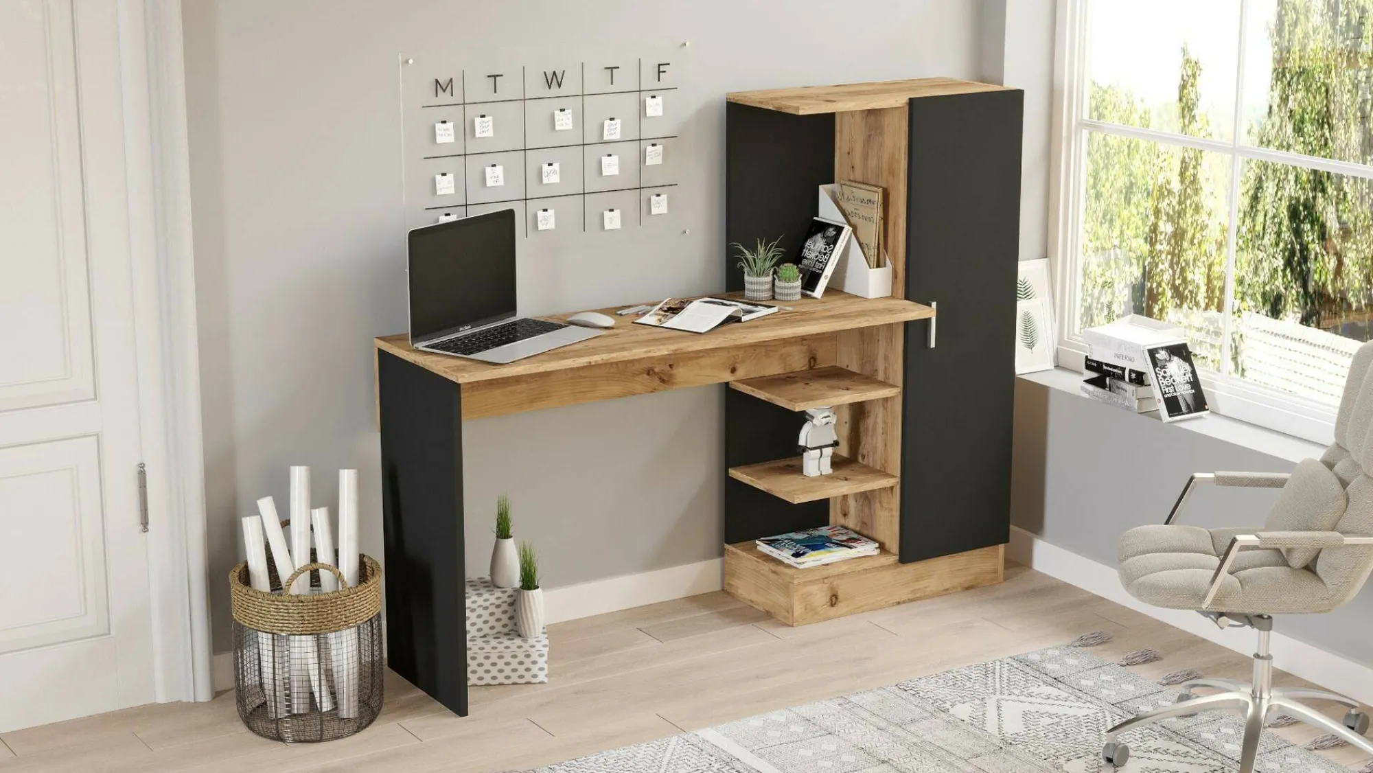 Scrivania Angaga, 152x40h120 cm, Quercia e Nero<Dmora Cheap