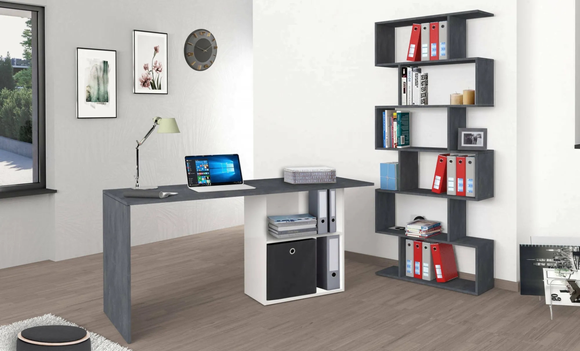 Scrivania Antioco, cm 110x50h75, Bianco lucido e Ardesia<Dmora Hot