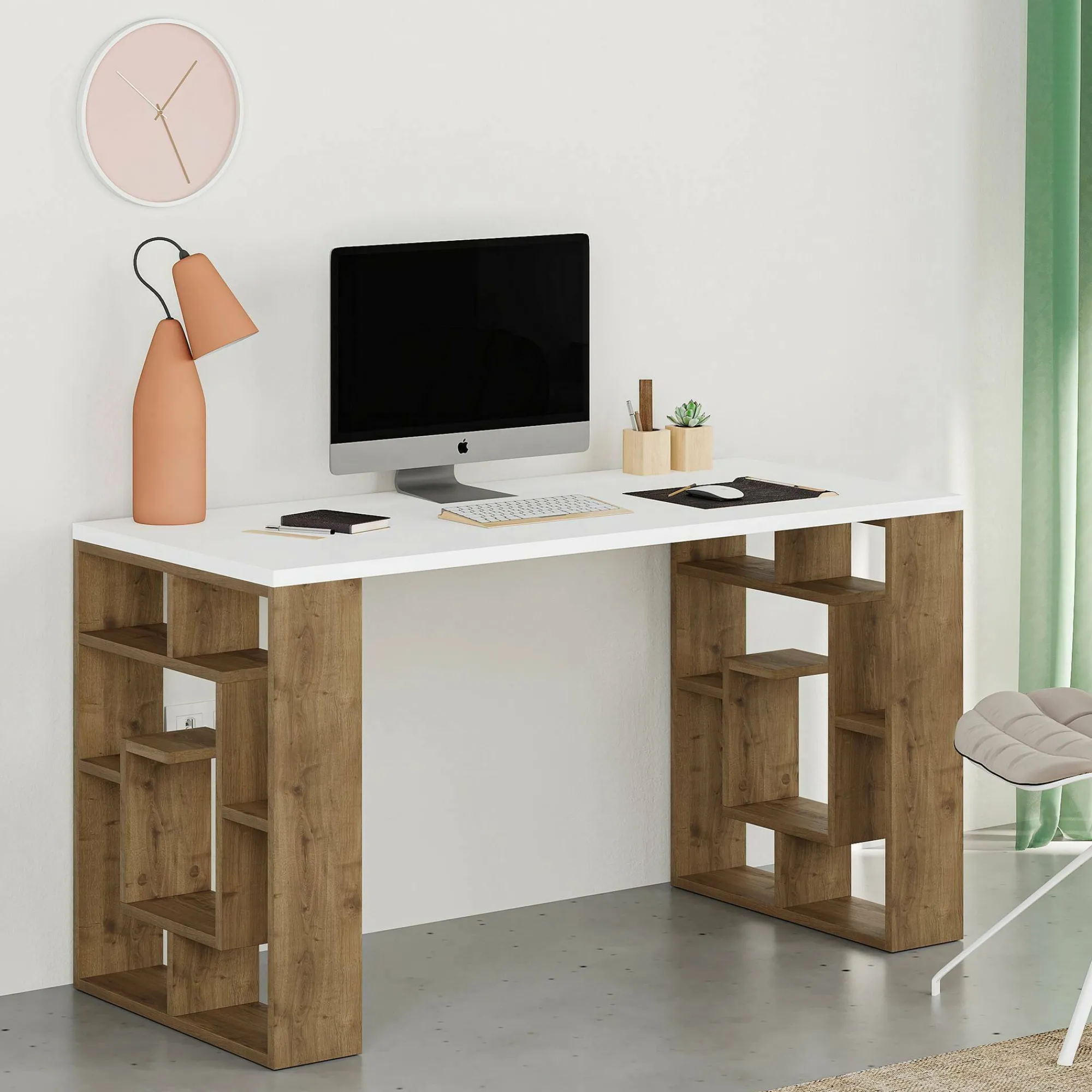 Scrivania Archidamia, 140x60 h75 cm, Bianco e Marrone<Dmora Best Sale