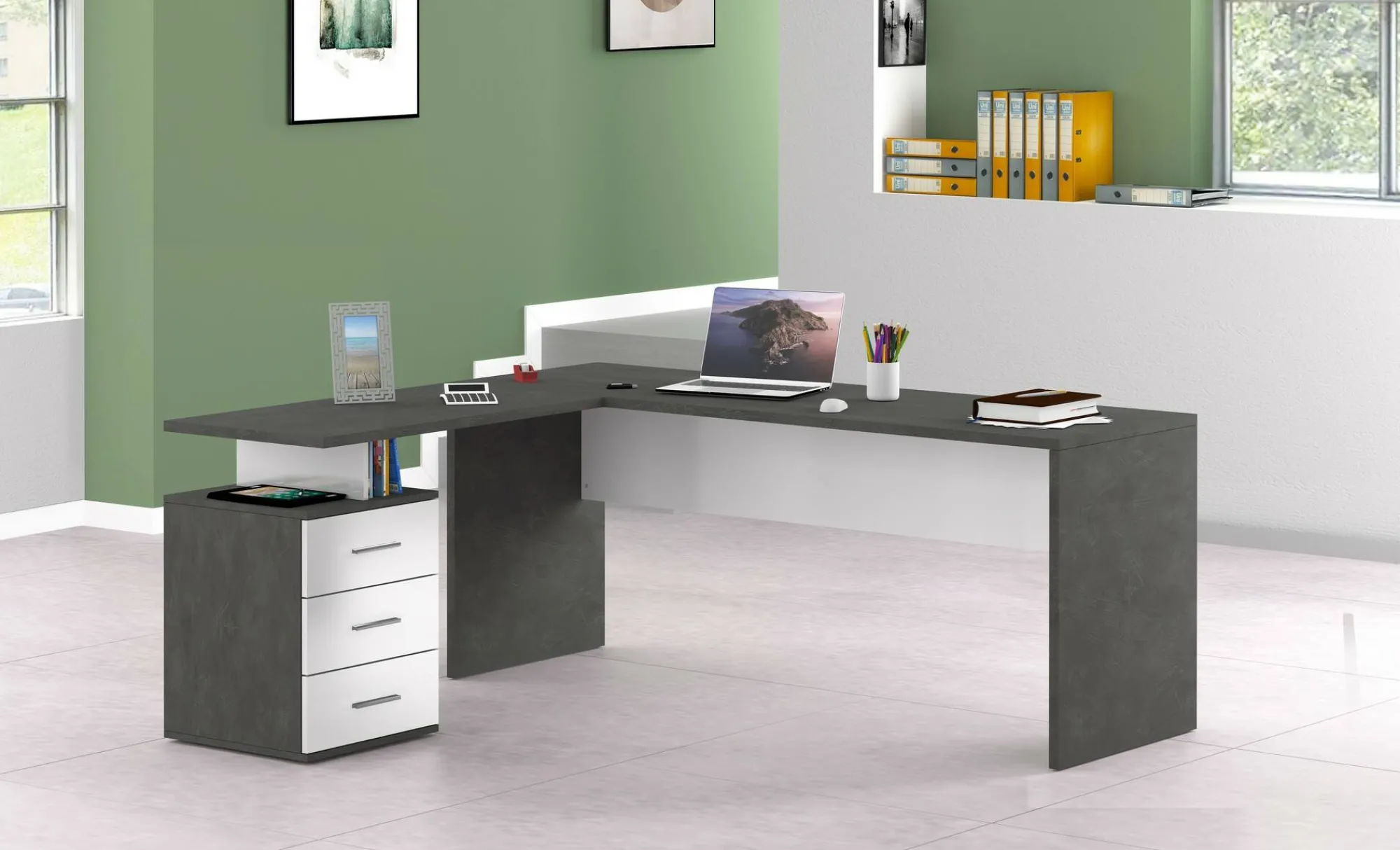 Scrivania Ascuby, cm 160x60h75, Ardesia e Bianco lucido<Dmora Best Sale