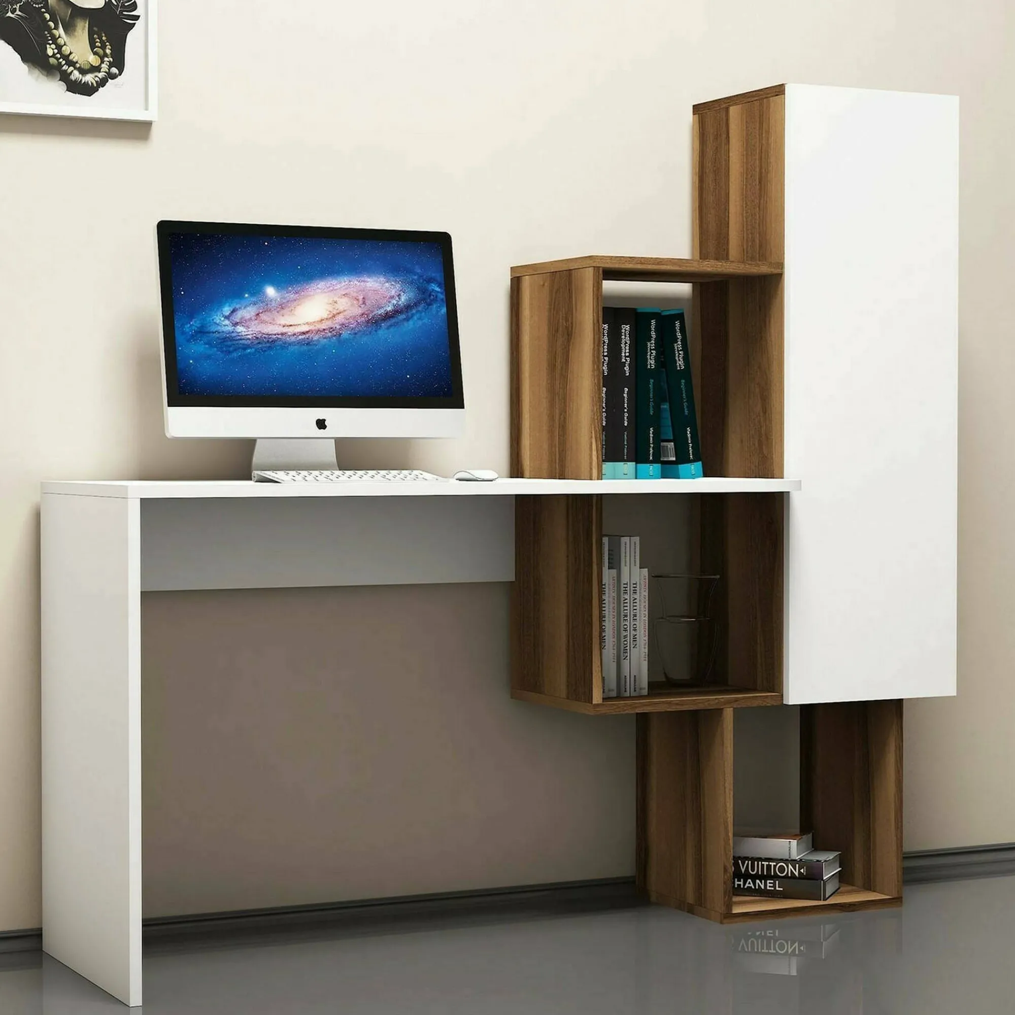 Scrivania Baselice, 145x45h75 cm, Noce e Bianco<Dmora Online