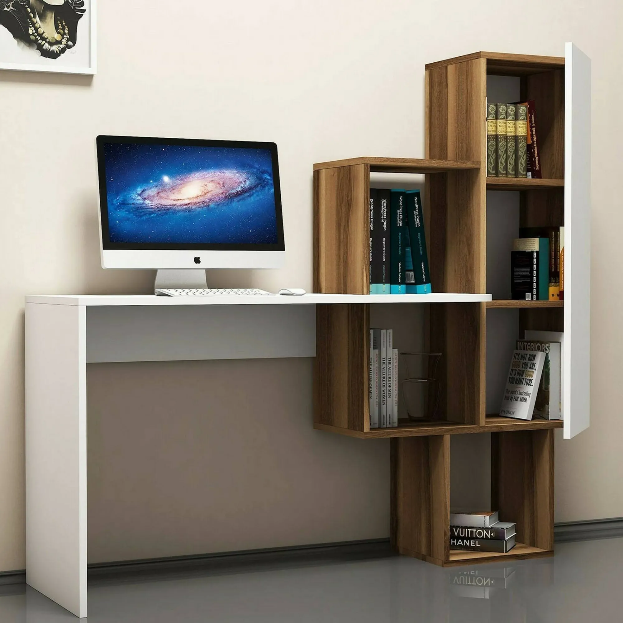 Scrivania Baselice, 145x45h75 cm, Noce e Bianco<Dmora Online