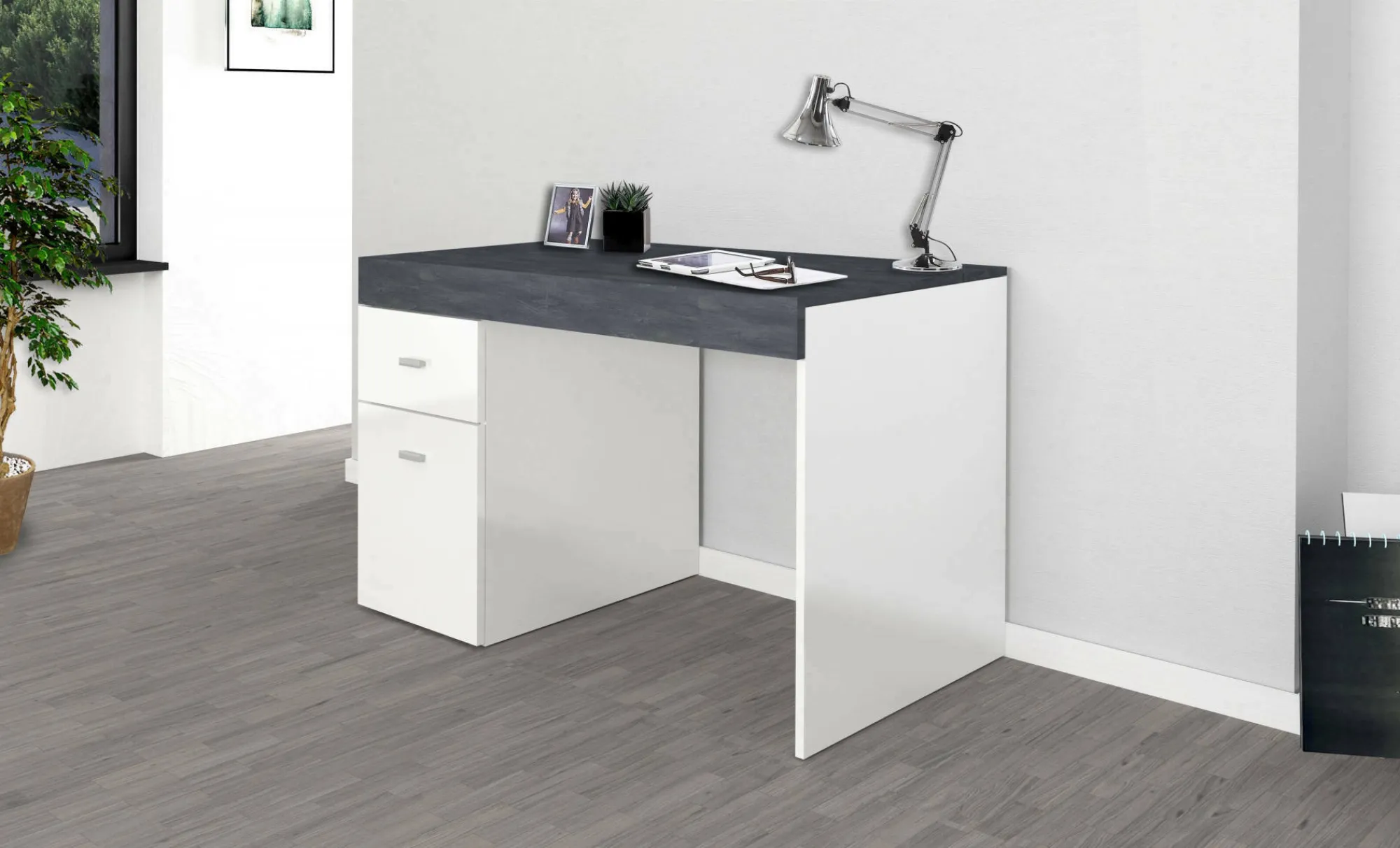 Scrivania Daucell, cm 100x60h75, Bianco lucido e Ardesia<Dmora Sale