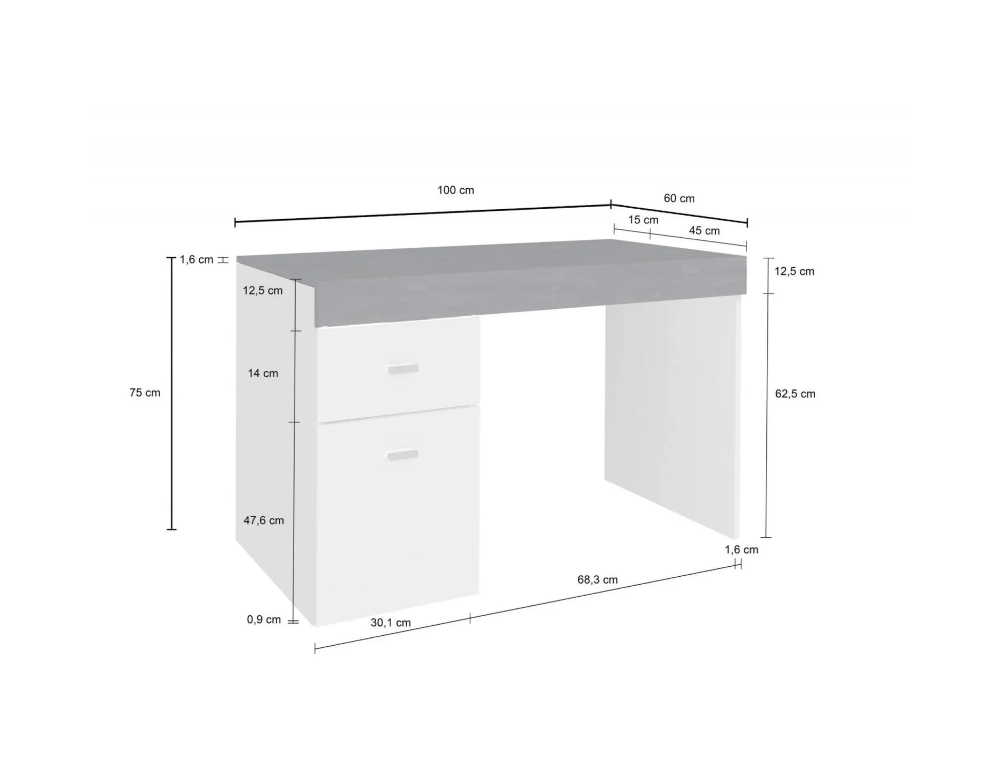Scrivania Daucell, cm 100x60h75, Bianco lucido e Ardesia<Dmora Sale