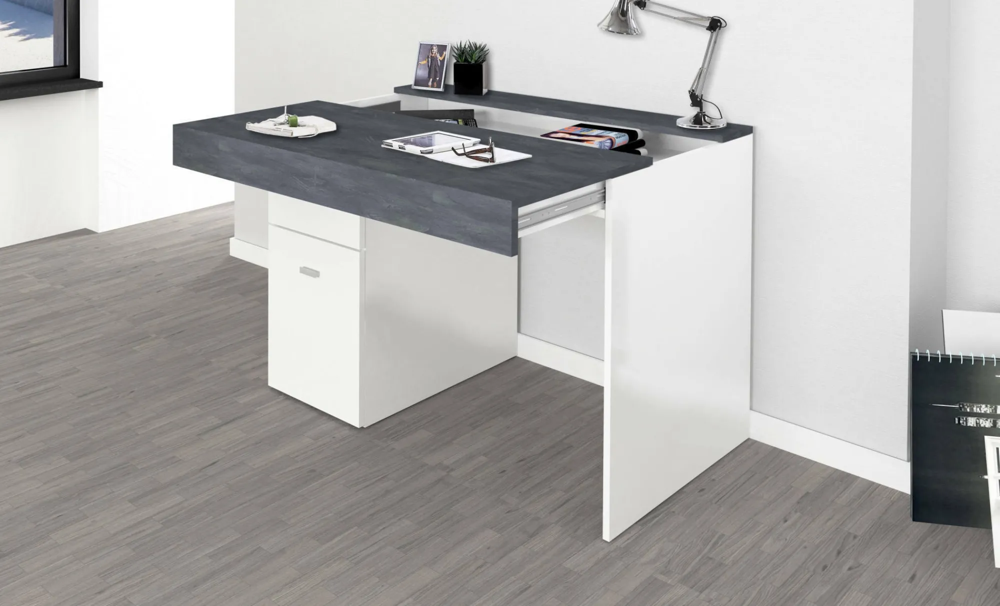 Scrivania Daucell, cm 100x60h75, Bianco lucido e Ardesia<Dmora Sale
