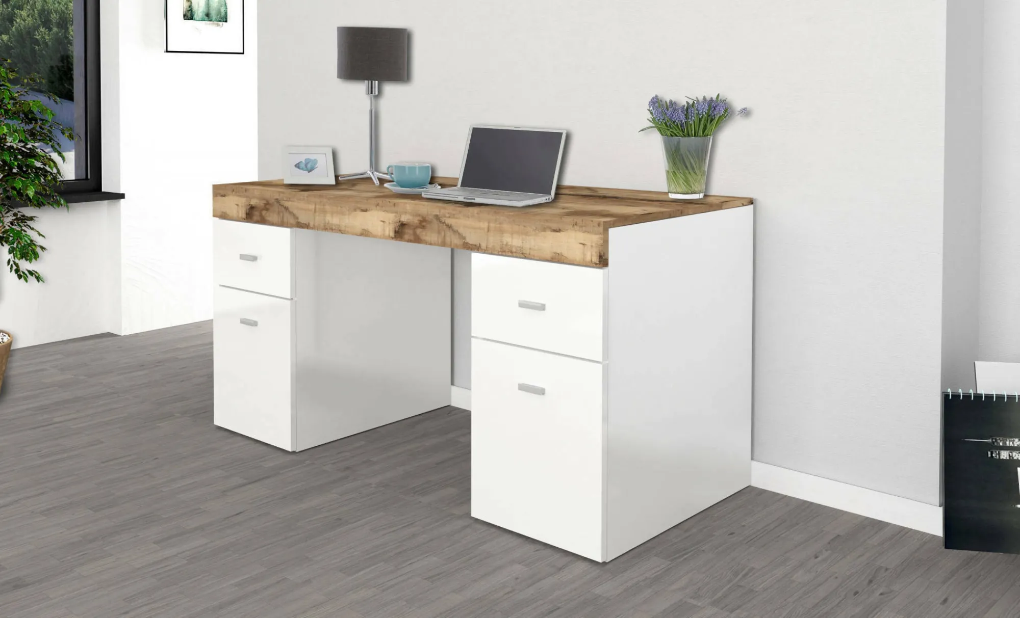 Scrivania Dbro, cm 130x60h75, Bianco lucido e Acero<Dmora Discount