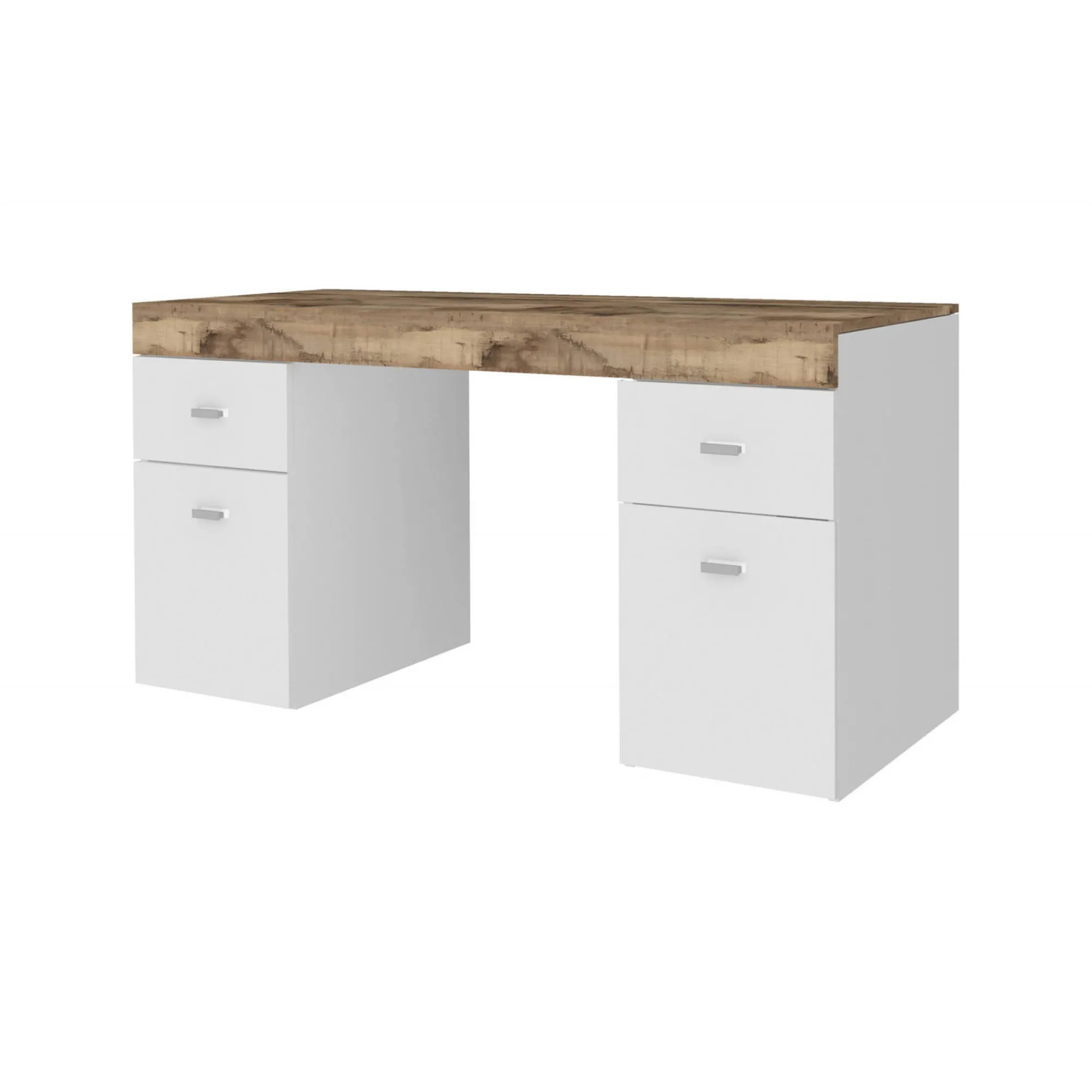 Scrivania Dbro, cm 130x60h75, Bianco lucido e Acero<Dmora Discount