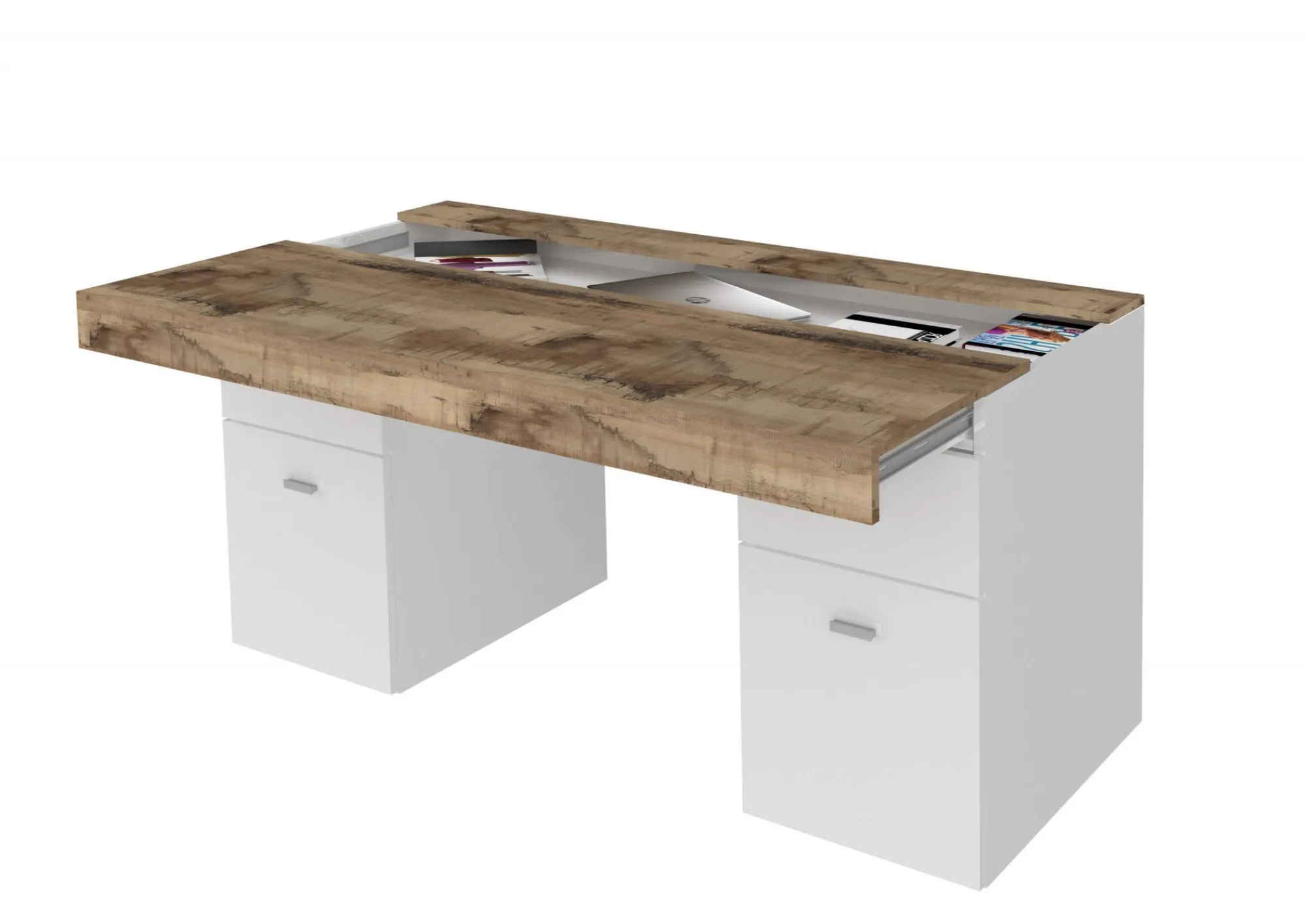 Scrivania Dbro, cm 130x60h75, Bianco lucido e Acero<Dmora Discount