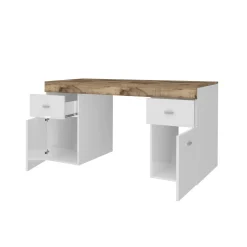Scrivania Dbro, cm 130x60h75, Bianco lucido e Acero<Dmora Discount