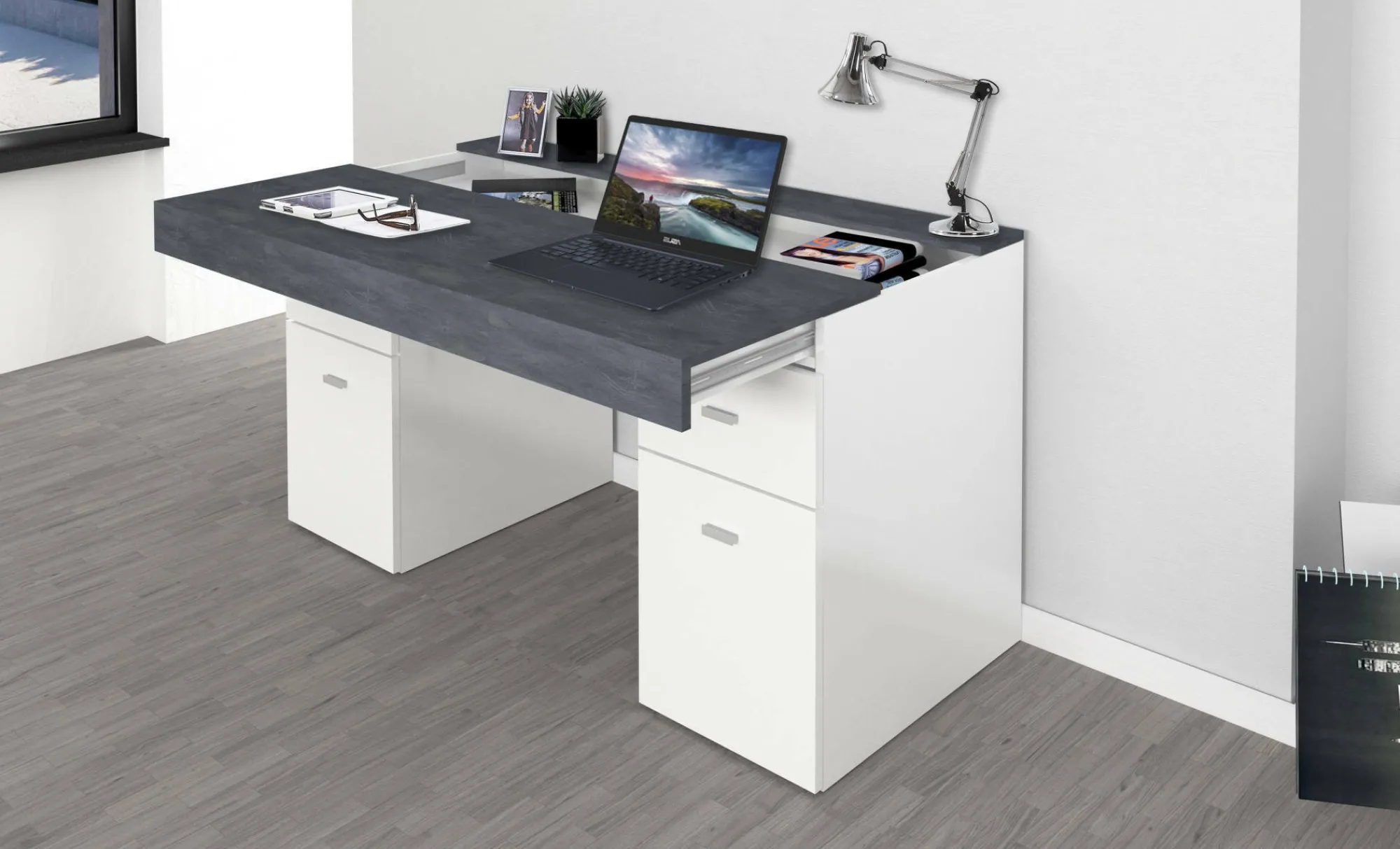 Scrivania Dbro, cm 130x60h75, Bianco lucido e Ardesia<Dmora Best