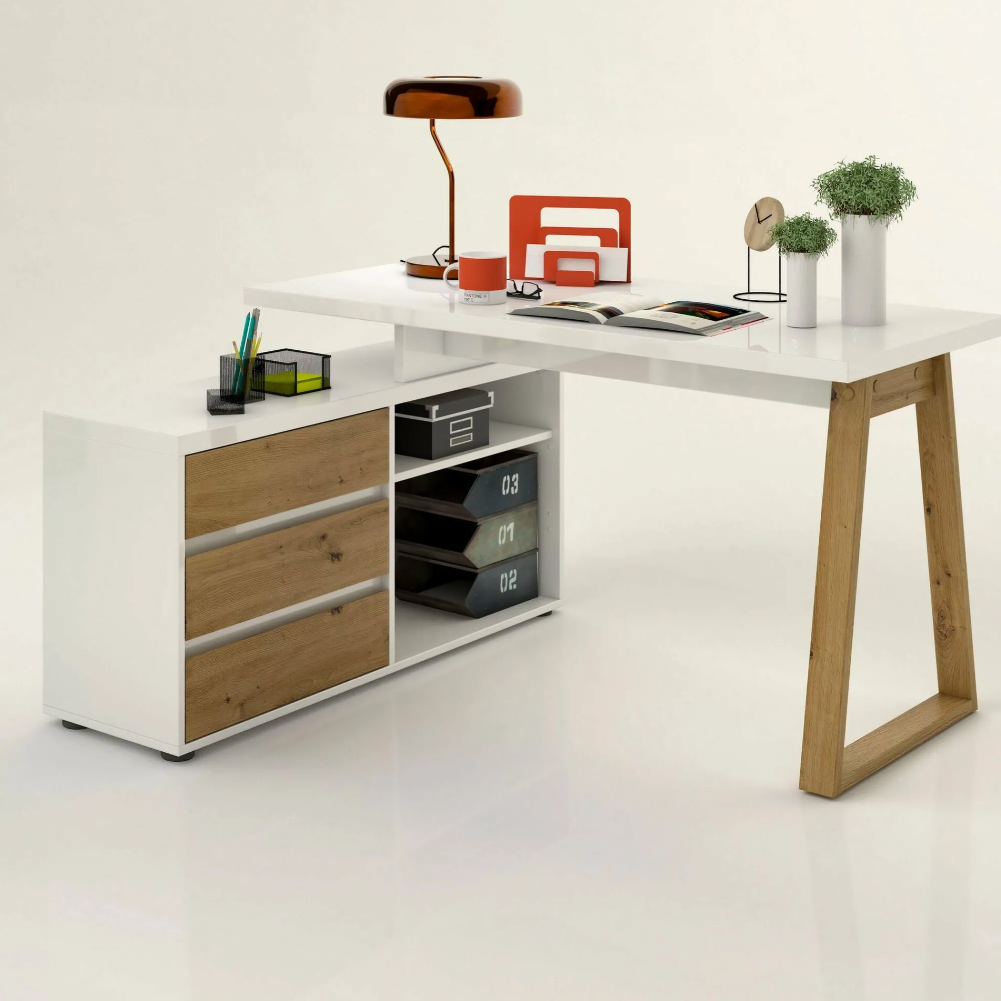 Scrivania Dcalabres, 135x75h120 cm, Bianco lucido e Rovere<Dmora Outlet