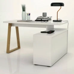 Scrivania Dcalabres, 135x75h120 cm, Bianco lucido e Rovere<Dmora Outlet