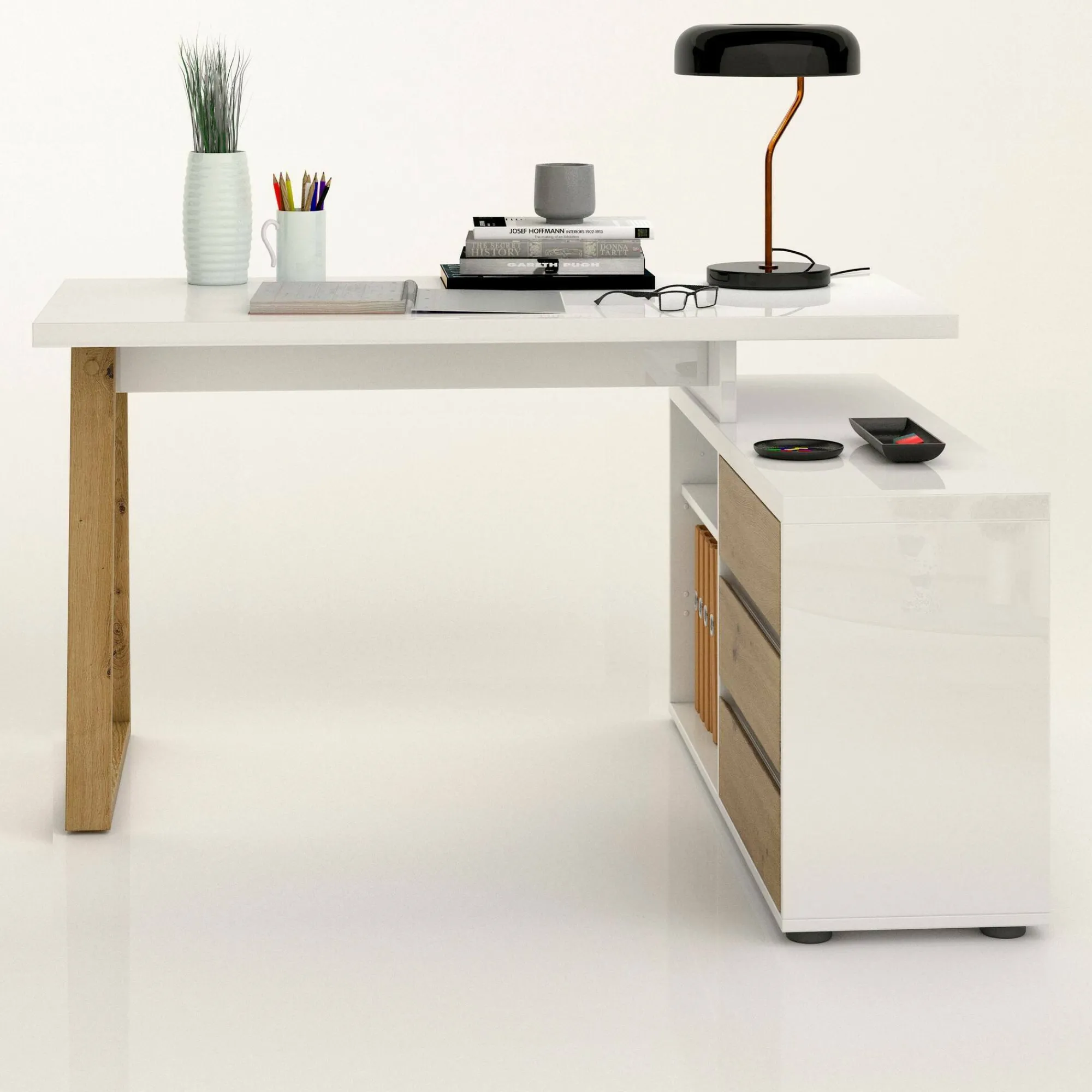 Scrivania Dcalabres, 135x75h120 cm, Bianco lucido e Rovere<Dmora Outlet