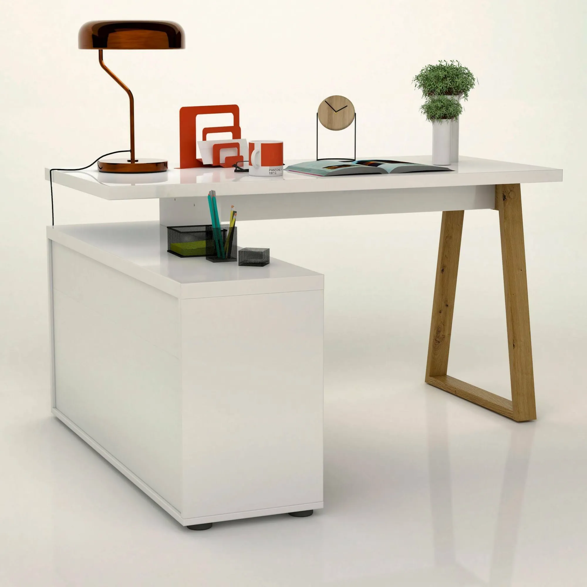 Scrivania Dcalabres, 135x75h120 cm, Bianco lucido e Rovere<Dmora Outlet
