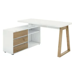 Scrivania Dcalabres, 135x75h120 cm, Bianco lucido e Rovere<Dmora Outlet