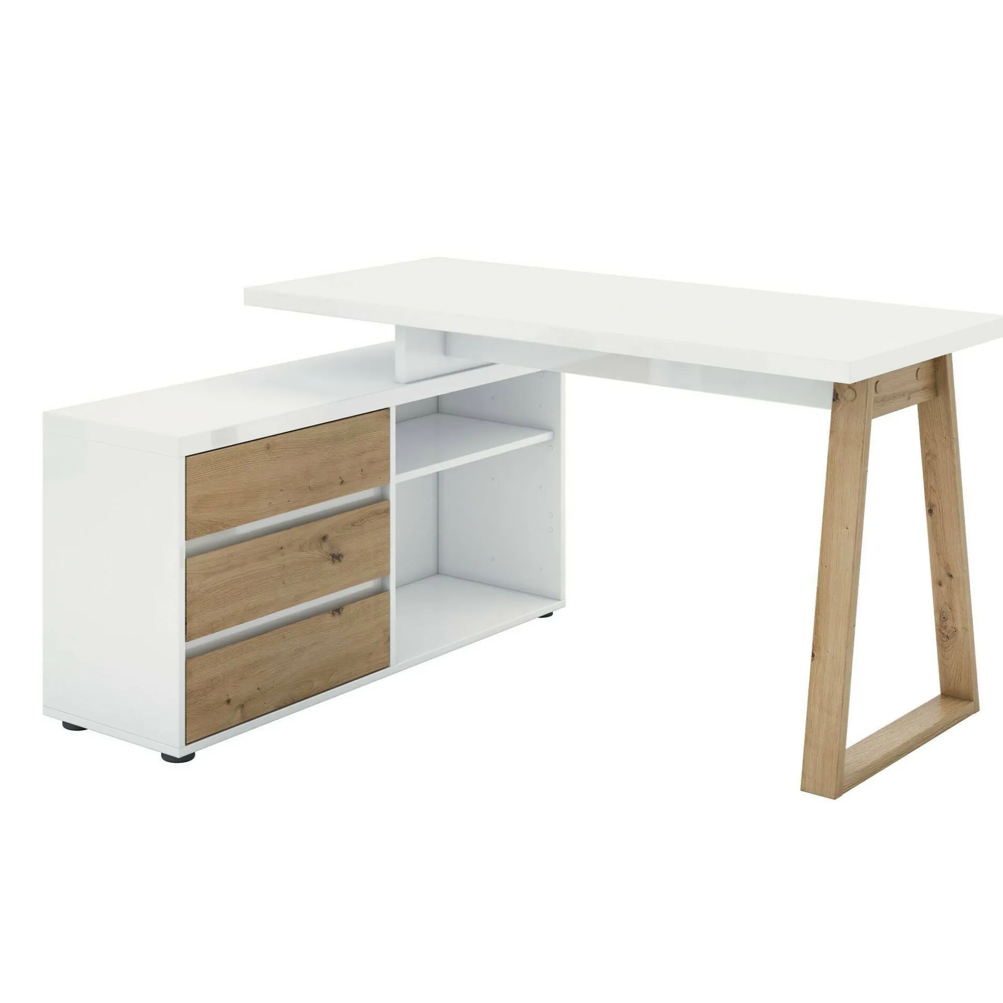 Scrivania Dcalabres, 135x75h120 cm, Bianco lucido e Rovere<Dmora Outlet