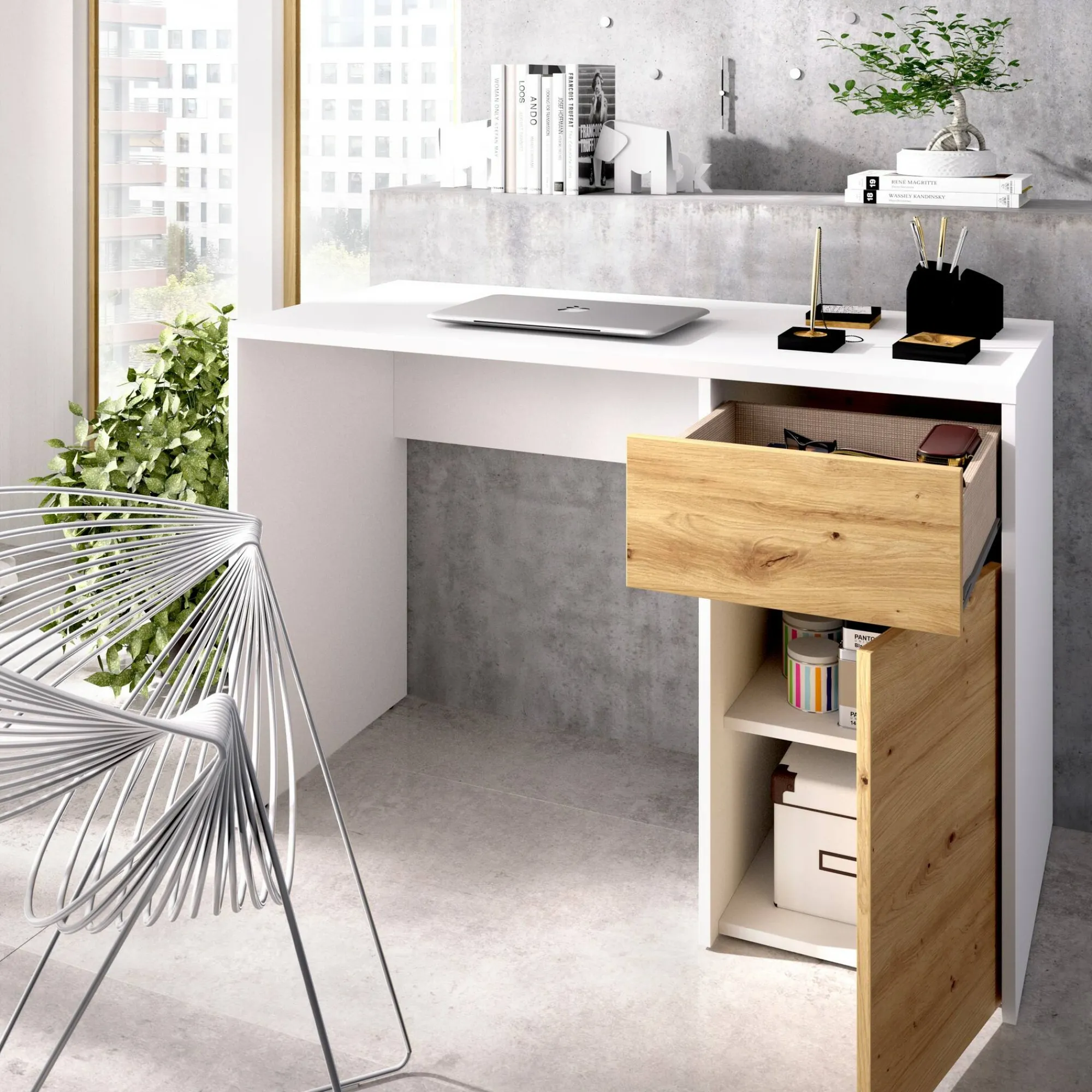 Scrivania Dcaput, 110x50h74 cm, Bianco e Rovere Nodi<Dmora Best