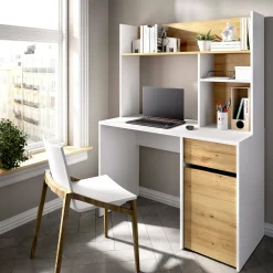 Scrivania Dcutrona, 110x50h152 cm, Bianco e Rovere Nodi<Dmora Cheap