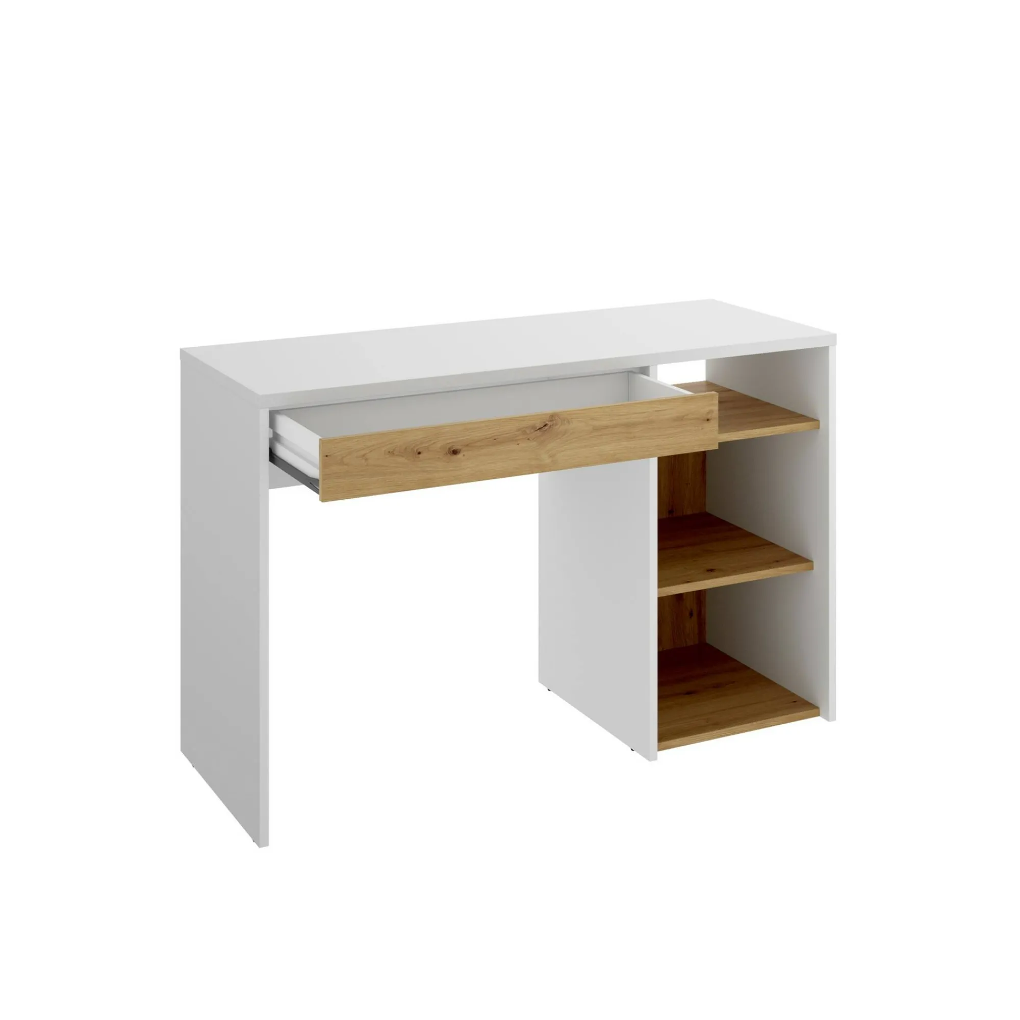 Scrivania Ddiakit, 110x50h74 cm, Bianco e Rovere Nodi<Dmora New