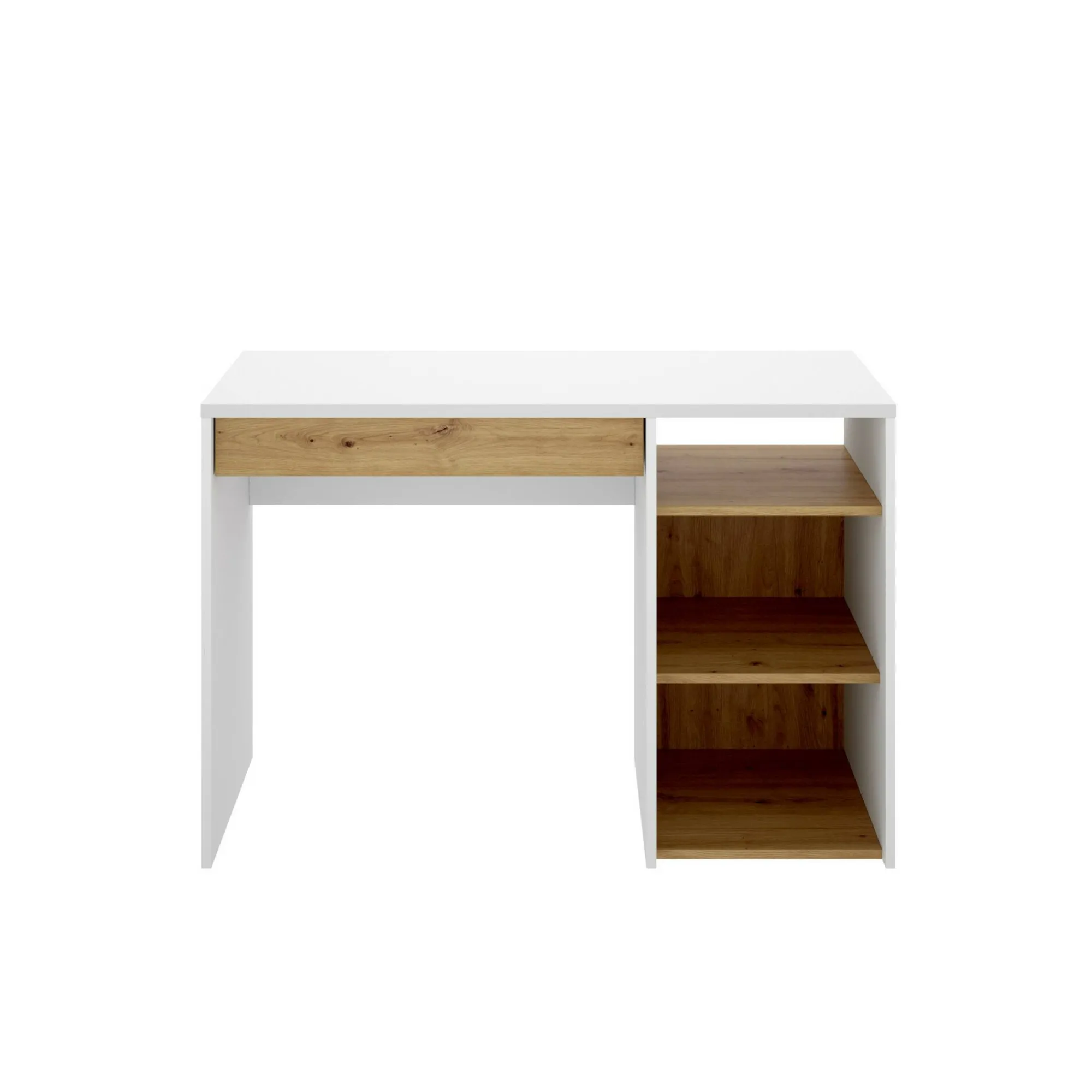 Scrivania Ddiakit, 110x50h74 cm, Bianco e Rovere Nodi<Dmora New