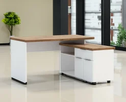 Scrivania Ddicrisci, 140x120h75 cm, Bianco lucido e Rovere<Dmora Cheap