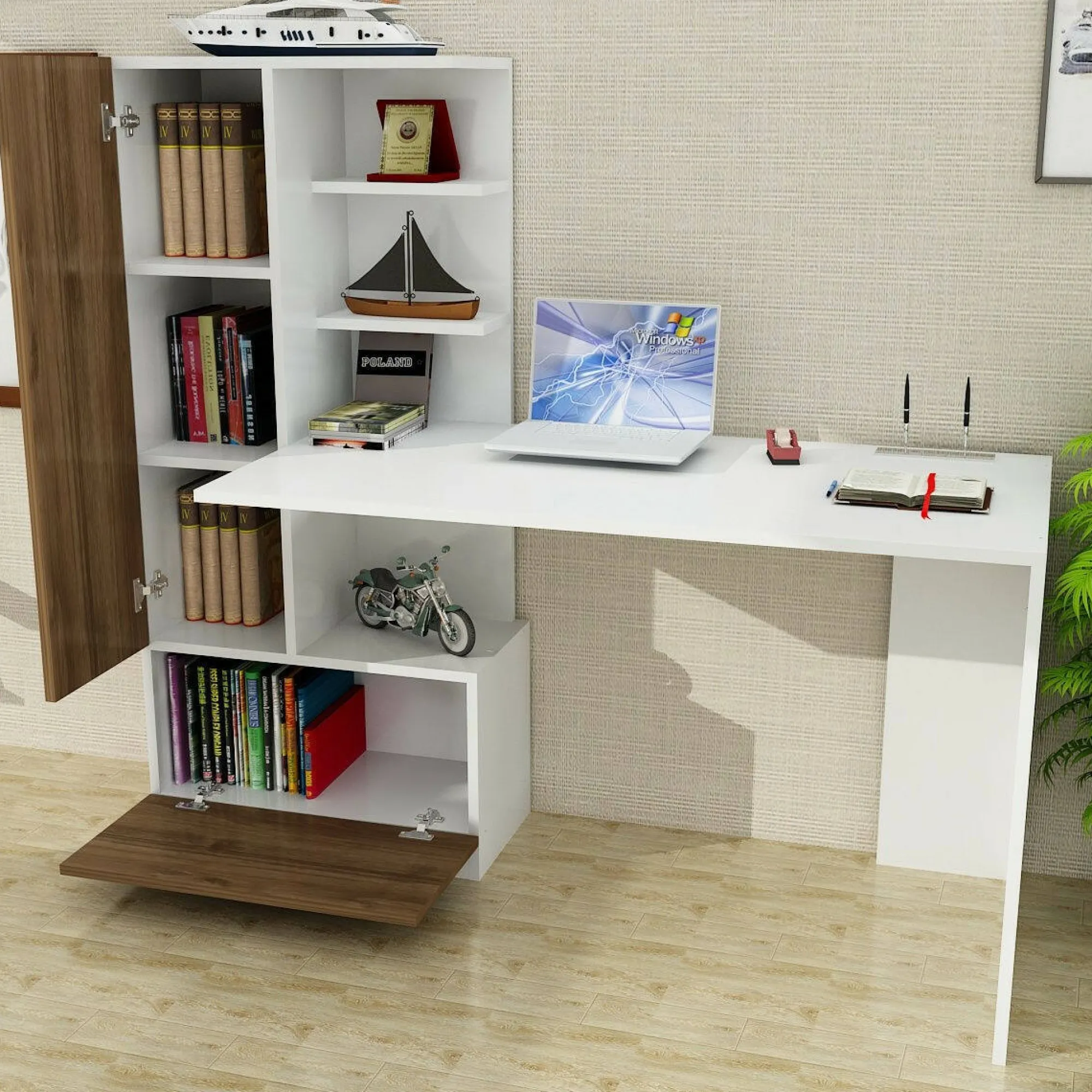 Scrivania Dhandanovi, 150x62 h120 cm, Bianco e Noce<Dmora Flash Sale