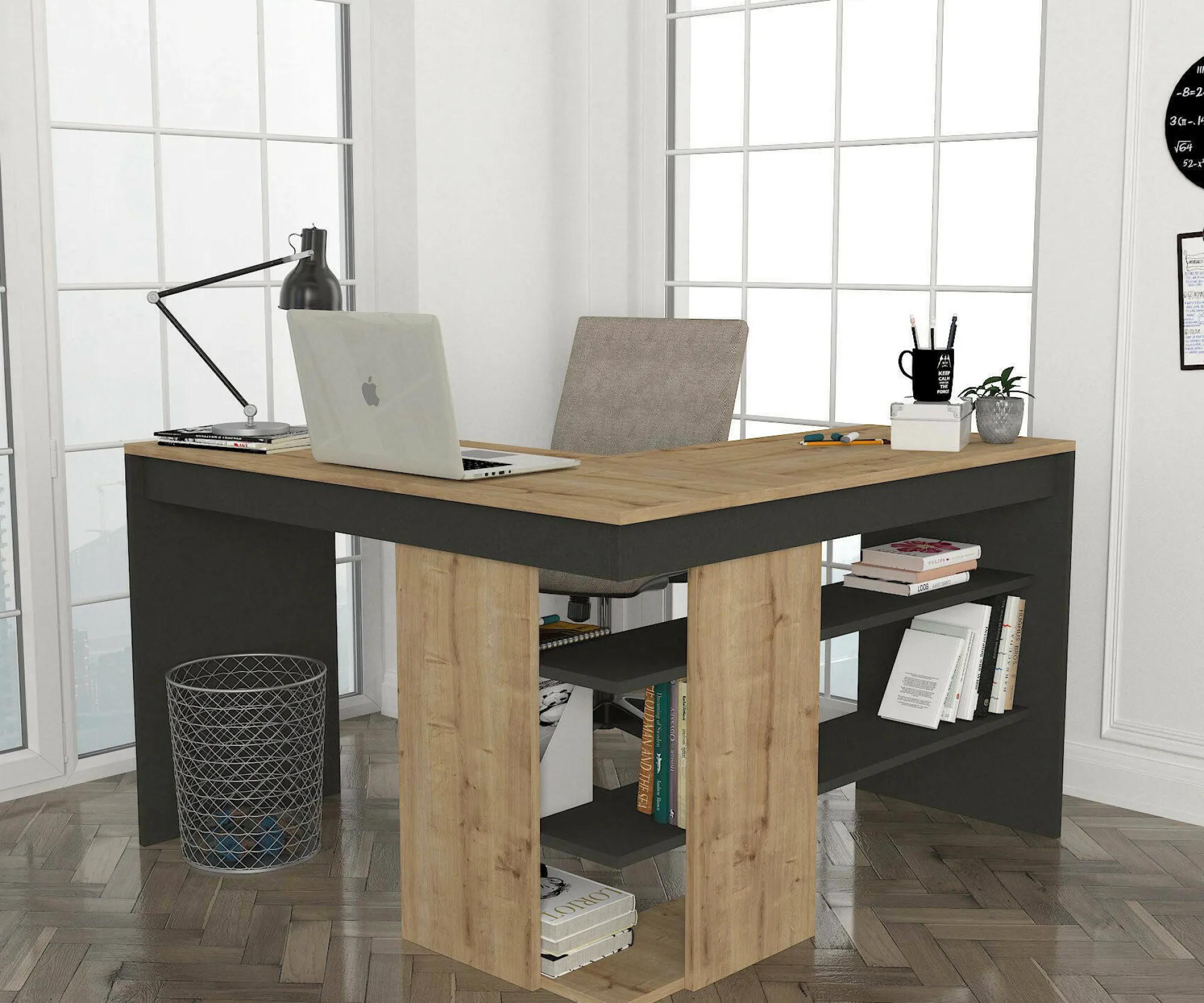 Scrivania Dkon, 120x120h74 cm, Quercia e Antracite<Dmora Best Sale