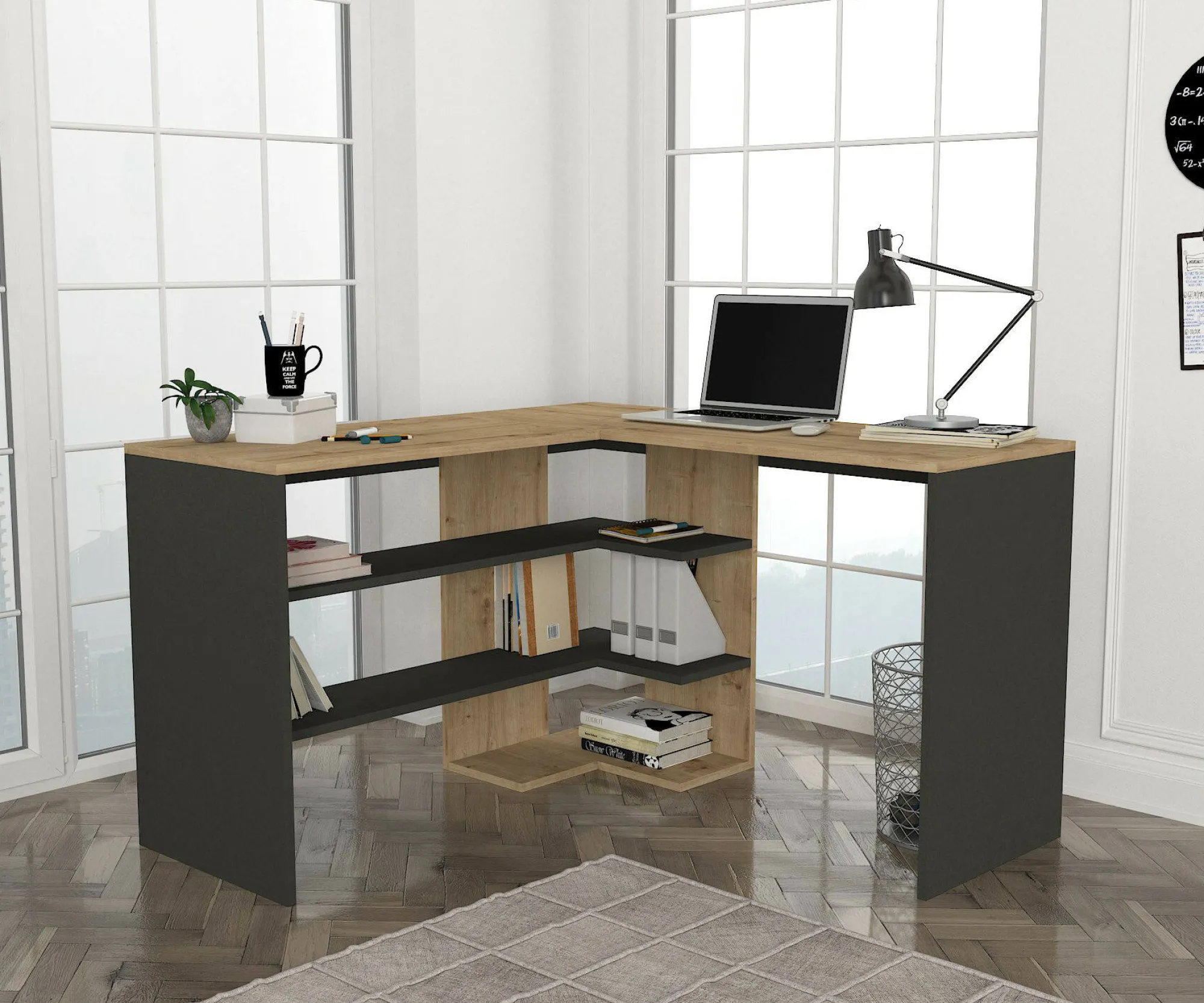 Scrivania Dkon, 120x120h74 cm, Quercia e Antracite<Dmora Best Sale
