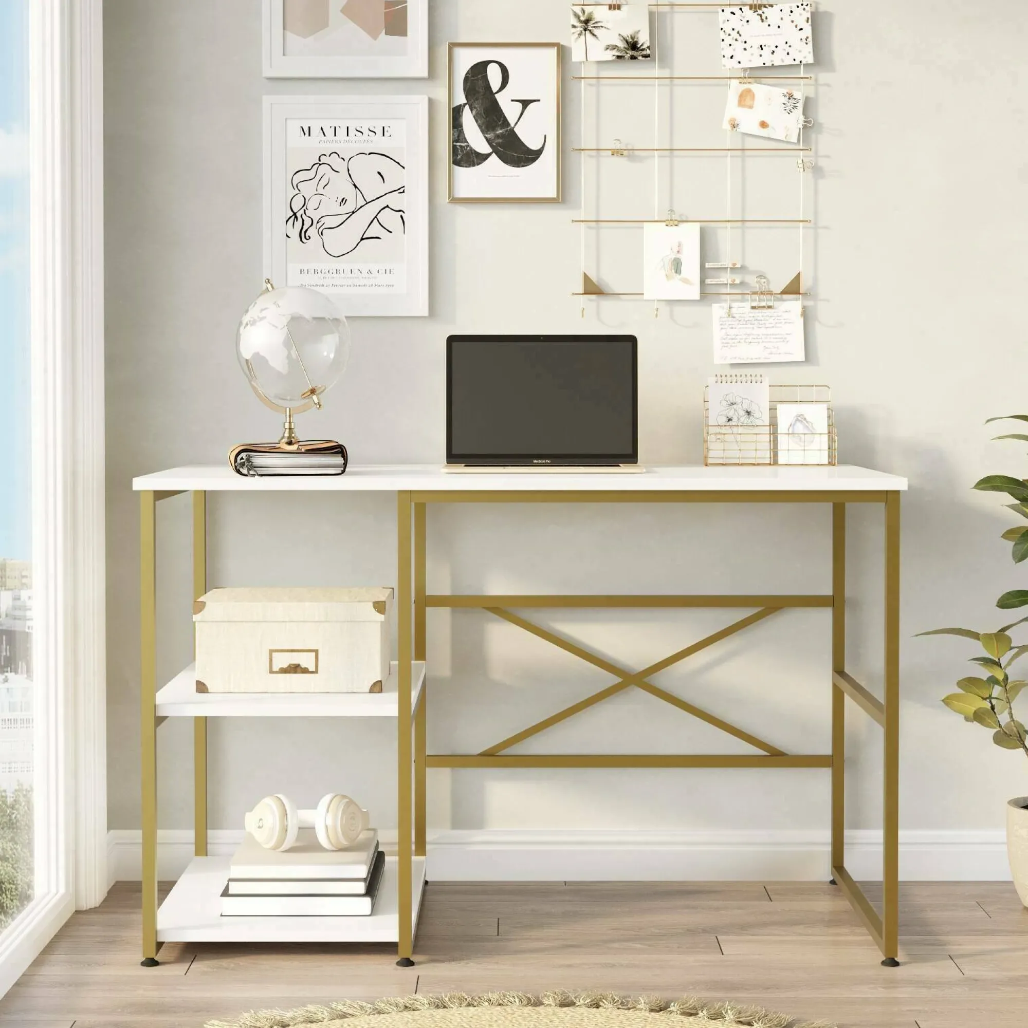 Scrivania Dprestifilipp, 120x60 h75 cm, Bianco e Oro<Dmora Flash Sale