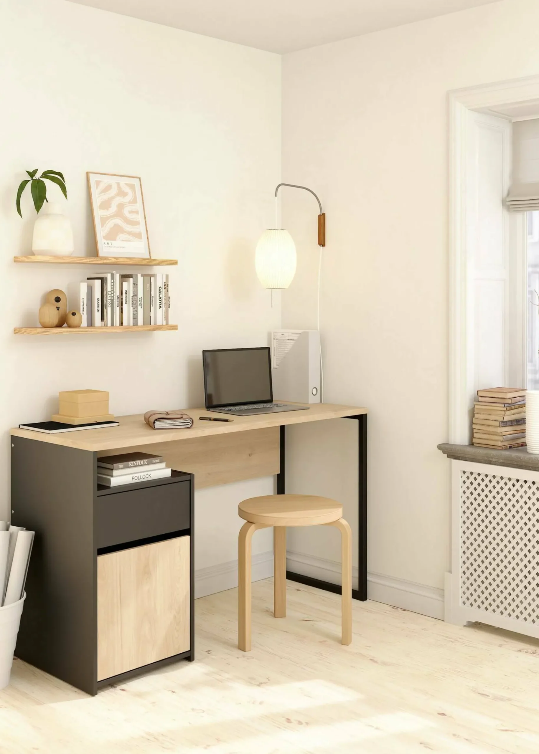 Scrivania Dsaltutt, 48x130 h77 cm, Rovere e Nero<Dmora Best Sale